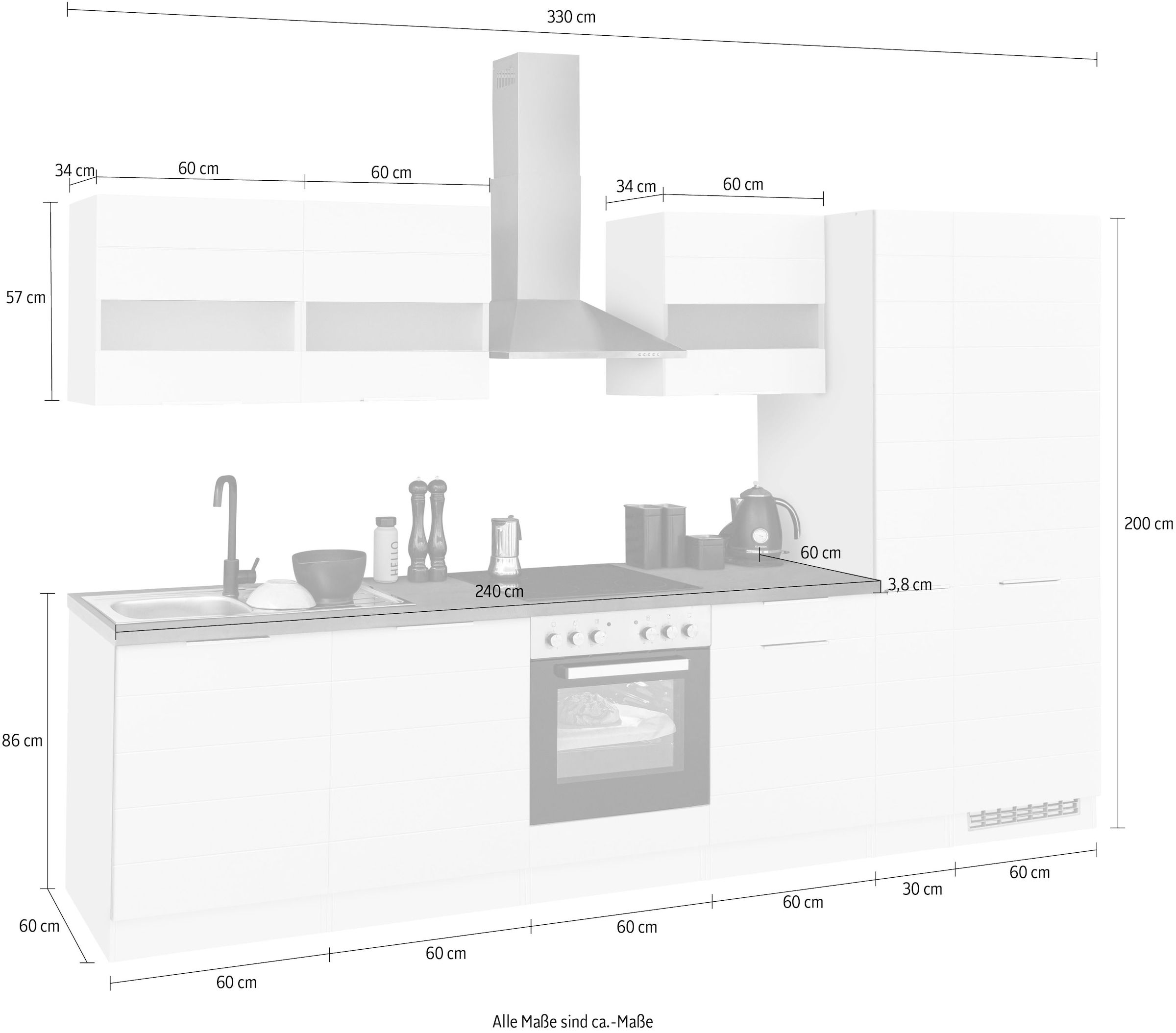 KOCHSTATION Küchenzeile »KS-Luhe« 330 cm breit, wahlweise mit oder ohne E-Geräten, gefräste MDF-Fronten