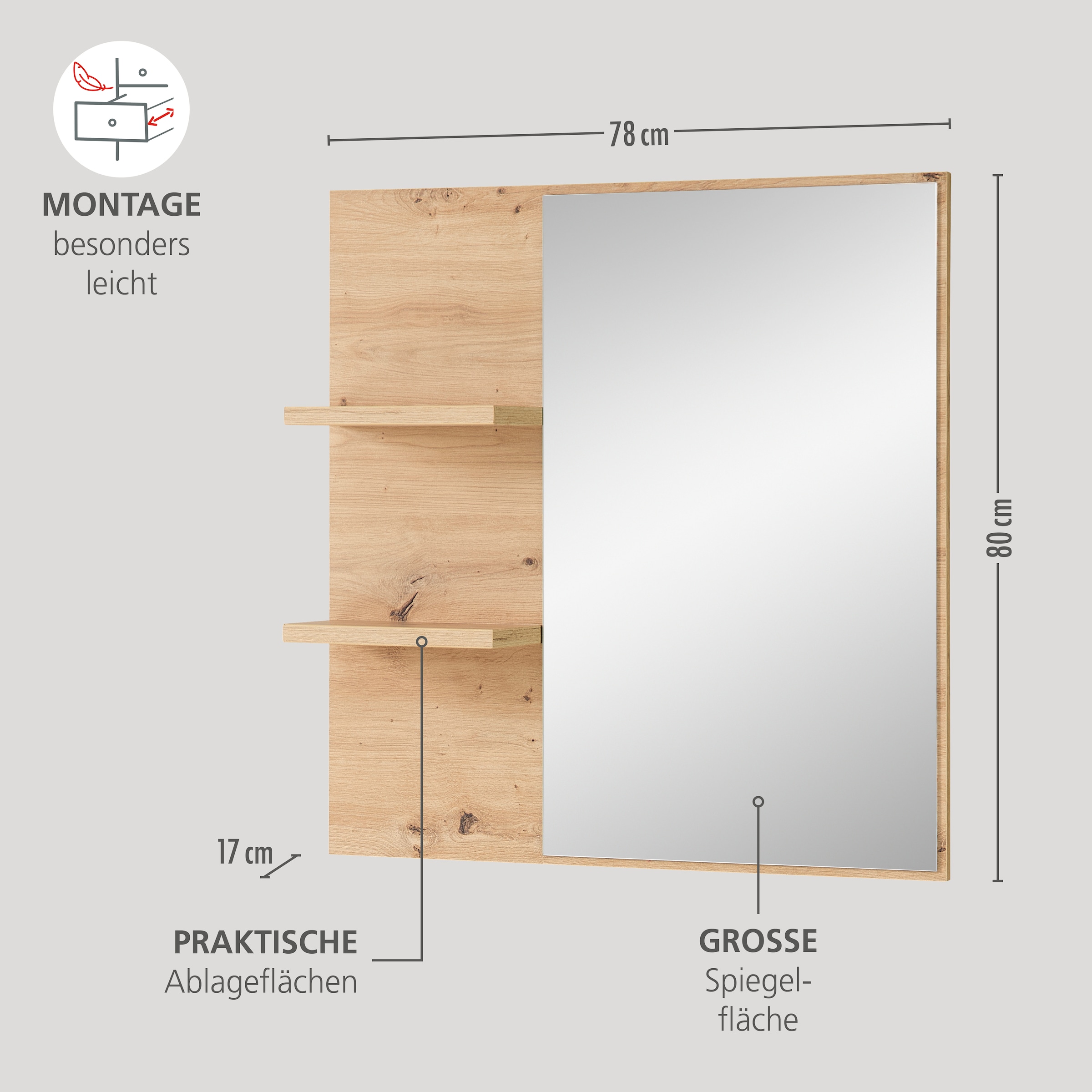 Innostyle Garderobenspiegel »BARI Wandspiegel«, (1 St.), Spiegelfläche 78 x 80 cm, 2 Ablageböden