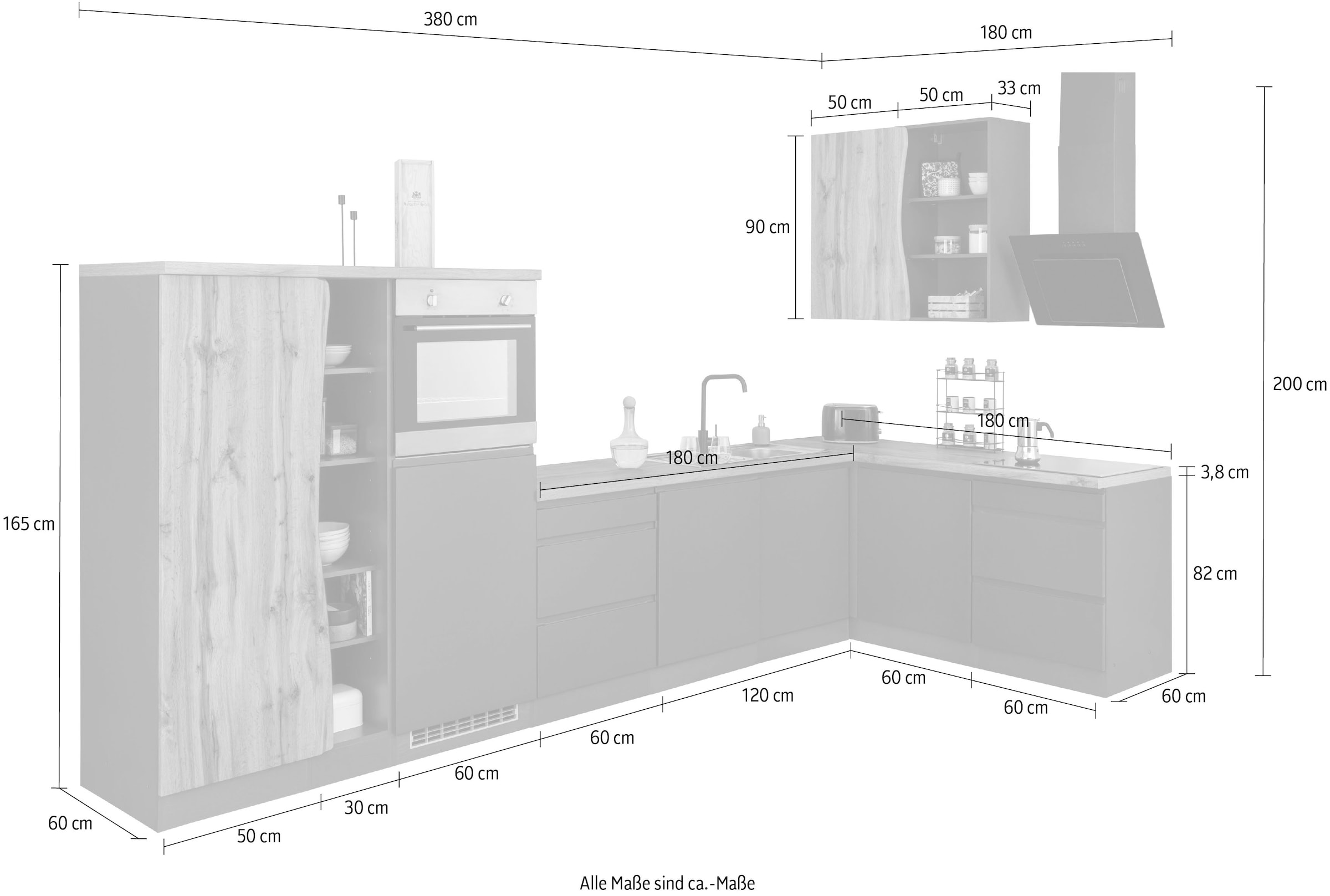 Kochstation Küche »KS-Bruneck«, Stellbreite 380/180 cm breit, ohne E-Geräten, MDF Fronten