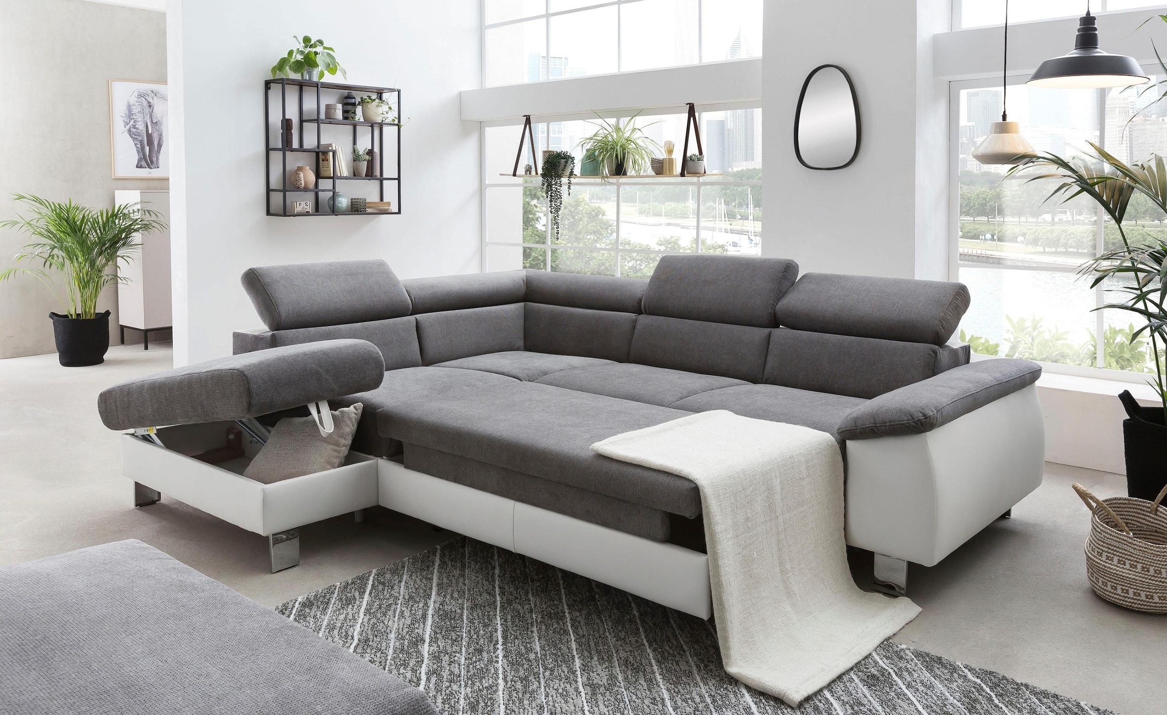 COTTA Ecksofa »Komaris L-Form mit Kopfteilverstellung«, wahlweise mit Bettfunktion, Bettkasten & Beleuchtung