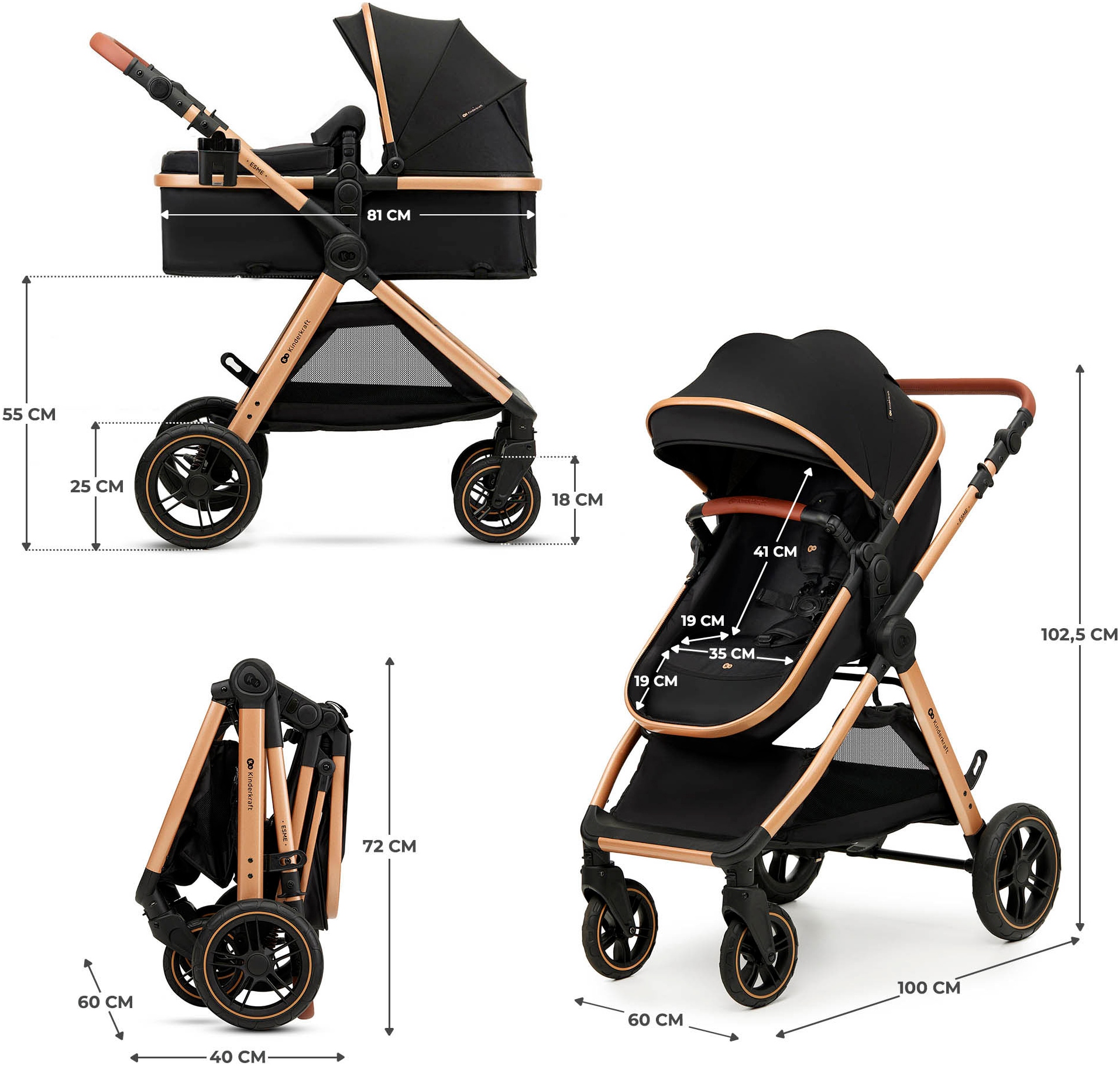 Kinderkraft Kombi-Kinderwagen »ESME 3IN1«, 25 kg, inkl. Babyschale MINK PRO 2 i-Size (40–87 cm)