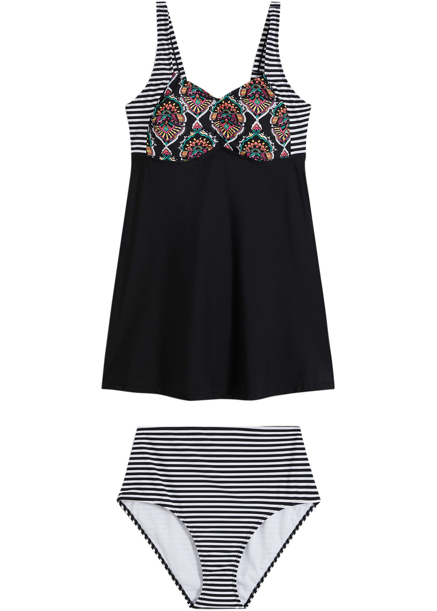 bonprix Tankini »Long-Tankini (2-tlg. Set) mit Highwaist-Bikinihose« Set, 2 Stk. sportlicher Stil, bequeme Passform, mit attraktivem Druck