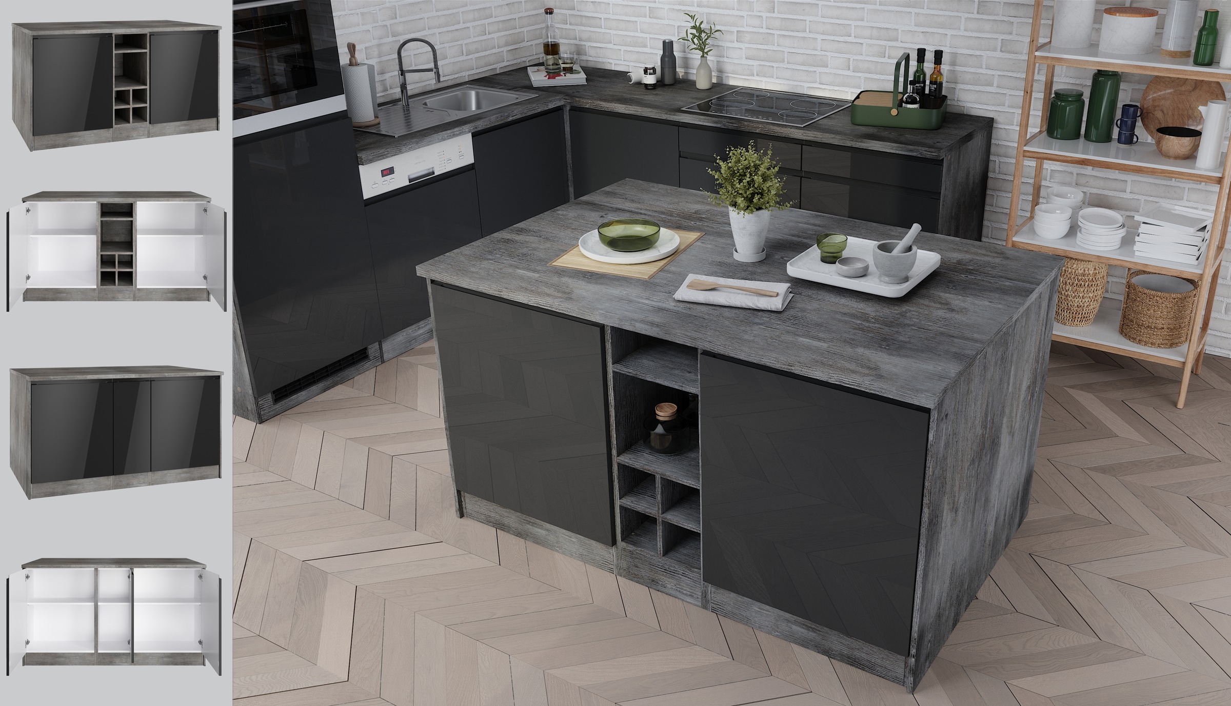 HELD MÖBEL Kücheninsel »Virginia«, Breite 153 cm, MDF-Fronten, Flaschenregal