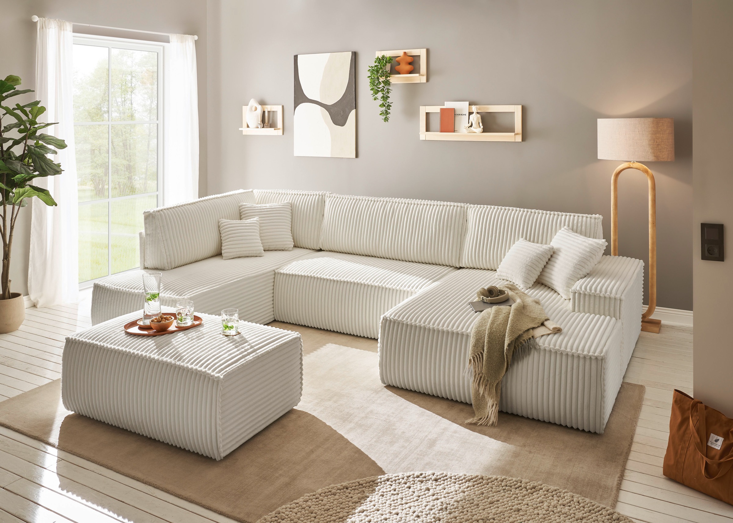 andas Wohnlandschaft »FINNLEY U-Form XXL 329 cm, Schlafsofa, Schlaffunktion m. Bettkasten«, (194/139 cm), Bouclé, Struktur und Cord