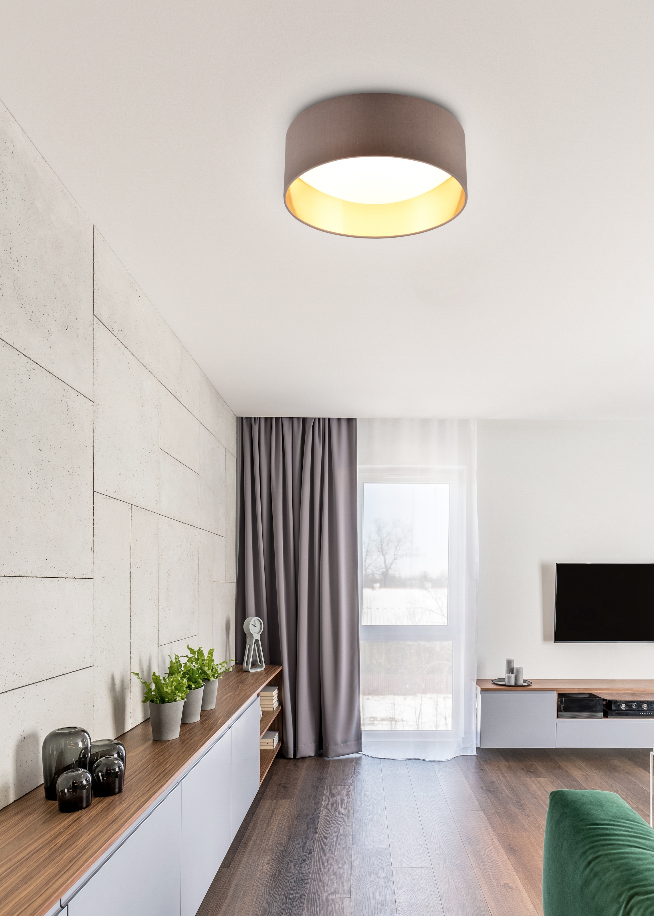 REALITY Leuchten LED Deckenleuchte »LOCARNO, runde LED Deckenlampe mit Stoffschirm, Ø 30 cm Höhe 11 cm«, 1 flammig, Leuchtmittel LED-Board | LED fest integriert, 12W LED warmweiß 3000 K, 1160 Lumen, Wohnzimmer Schlafzimmer Licht