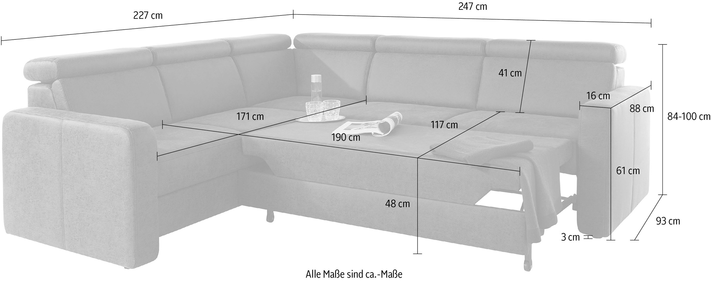 sit&more Ecksofa »Bologna L-Form«, Kopfteilverstellung, wahlweise mit Bettfunktion und Schubkasten