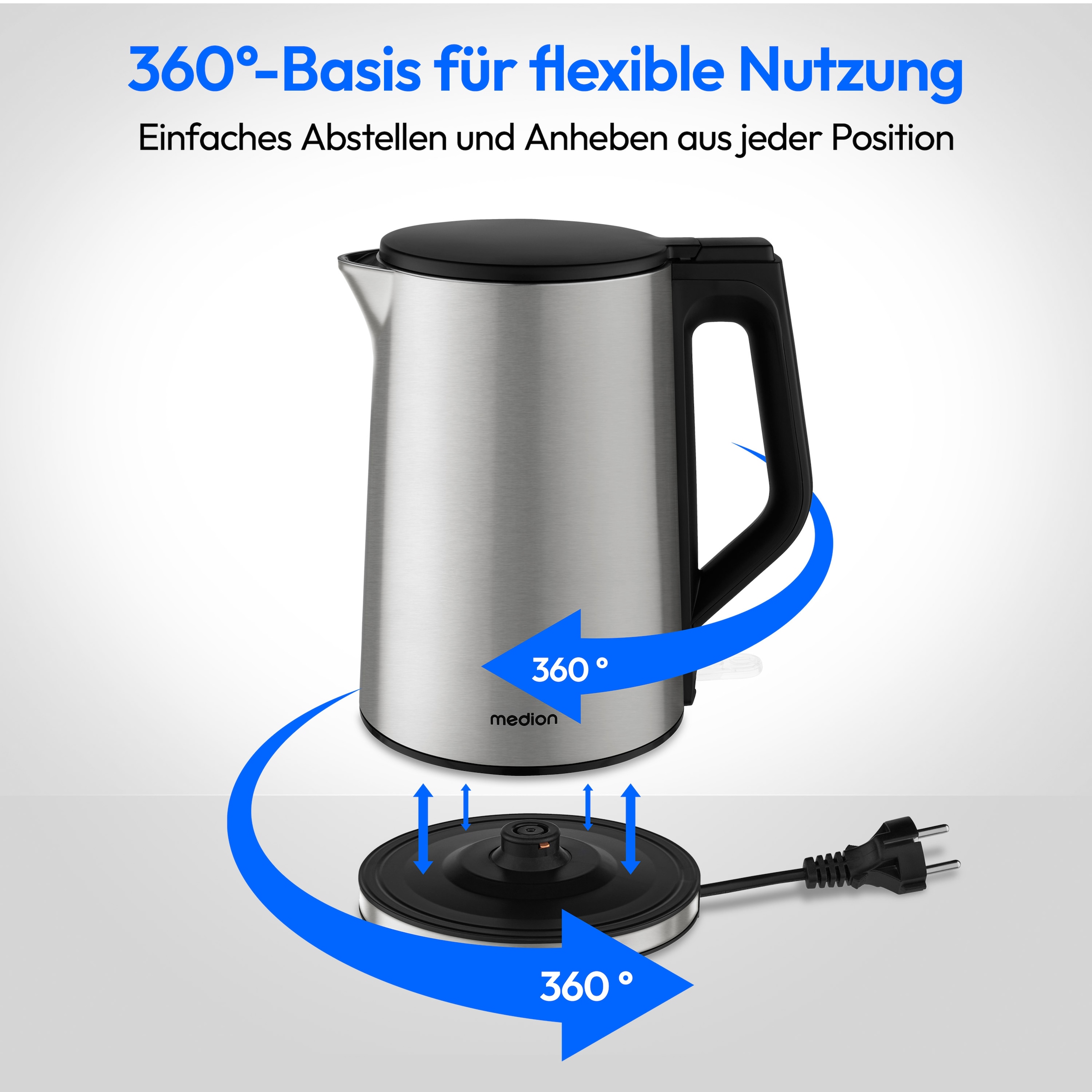 Medion® Wasserkocher »MD12105« 1,5 l 2200 W 2.200 W, 1,5 L, Doppelwandiges Edelstahlgehäuse, 360° basis