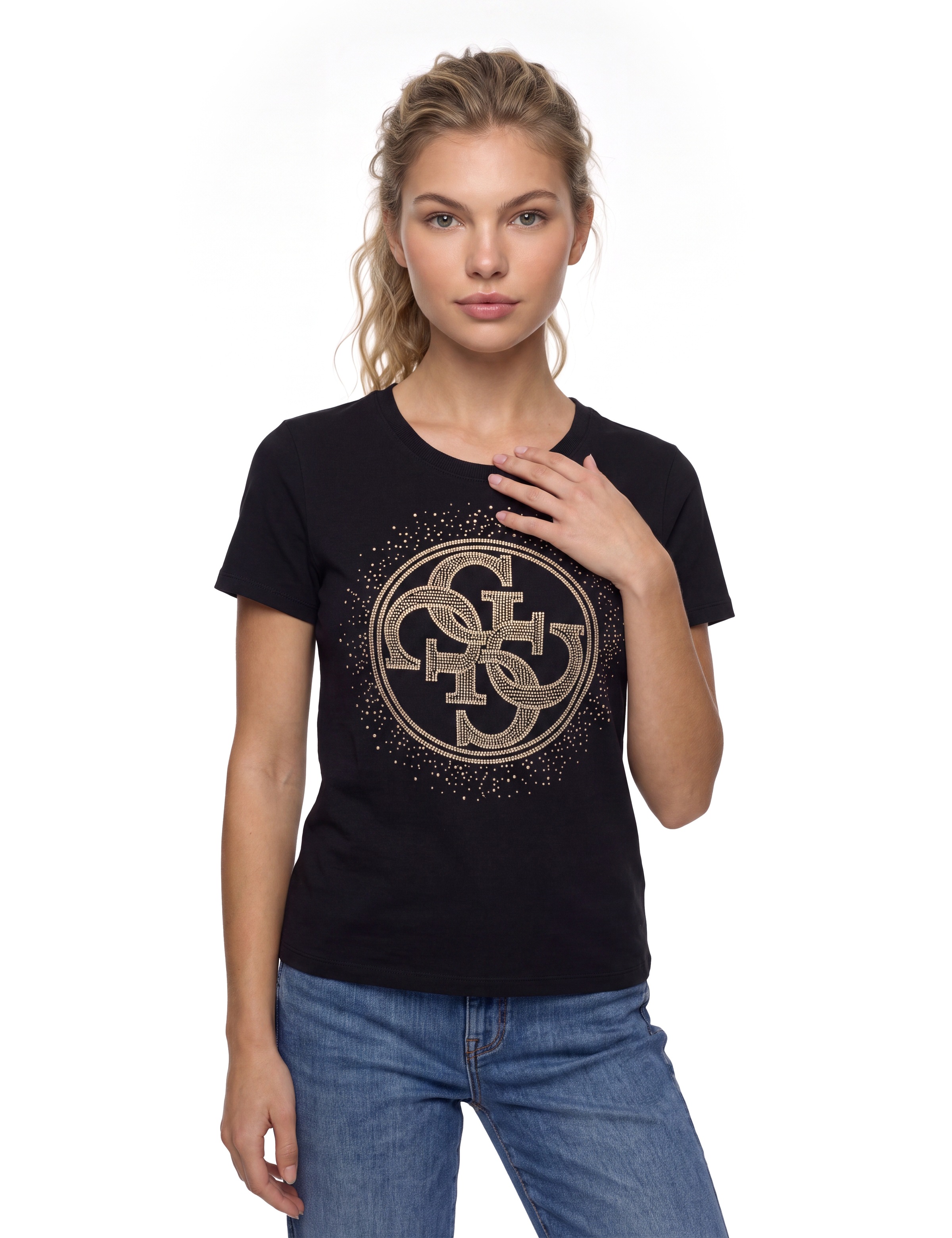 Guess T-Shirt »CN 4G ROUND CRYSTALS LOGO« mit markantem Logodesign, Regular Fit