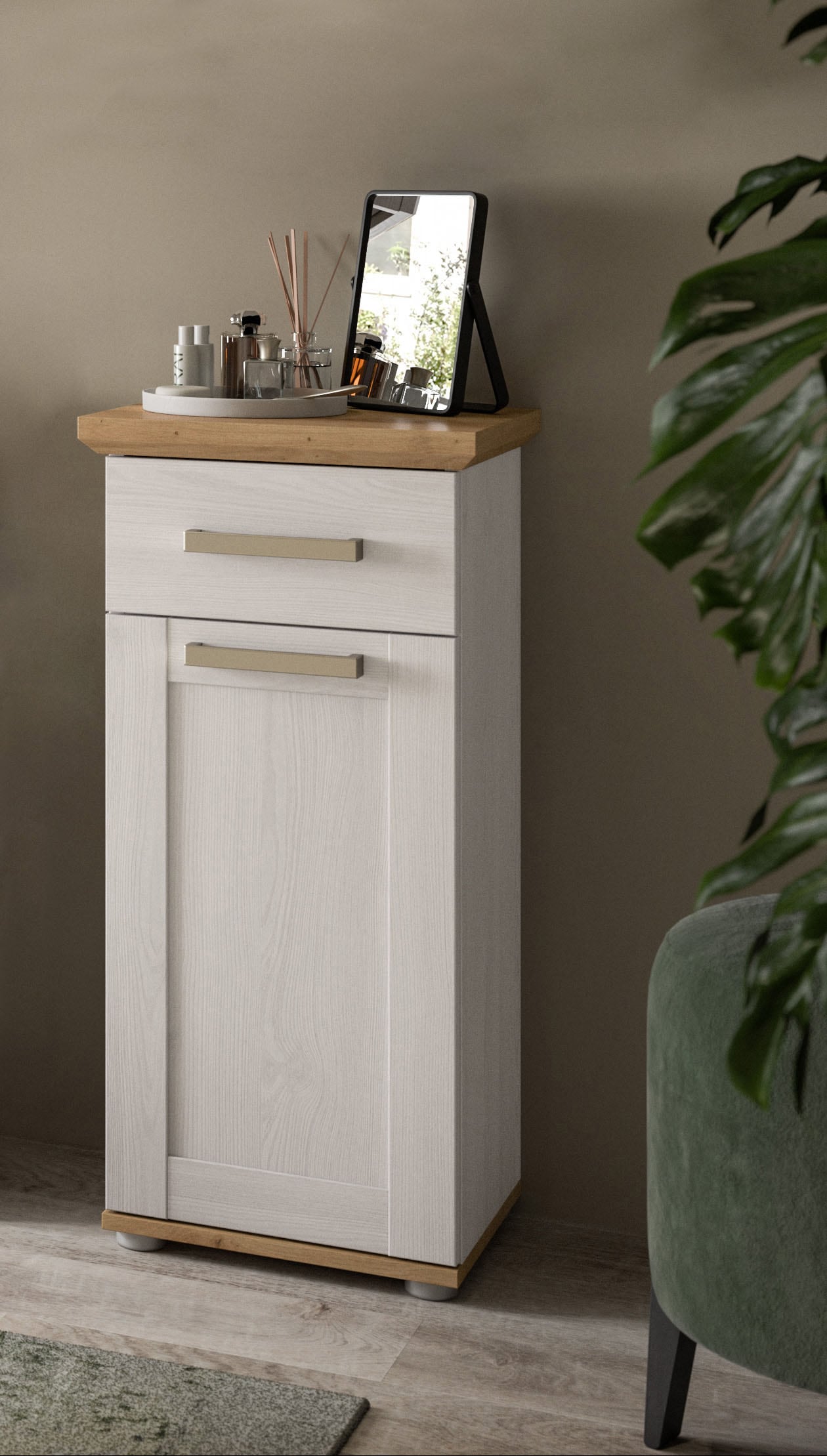 welltime Unterschrank »COSENZA, Höhe 85cm, 1 Tür, 1 Schubkasten, 1 Einlegeboden, 2 Fächer« in Landhausoptik, mit weiteren Artikel der Serie kombinierbar, 1 Stk. tlg. Standschrank, Badezimmerschrank, Bad, Badezimmer