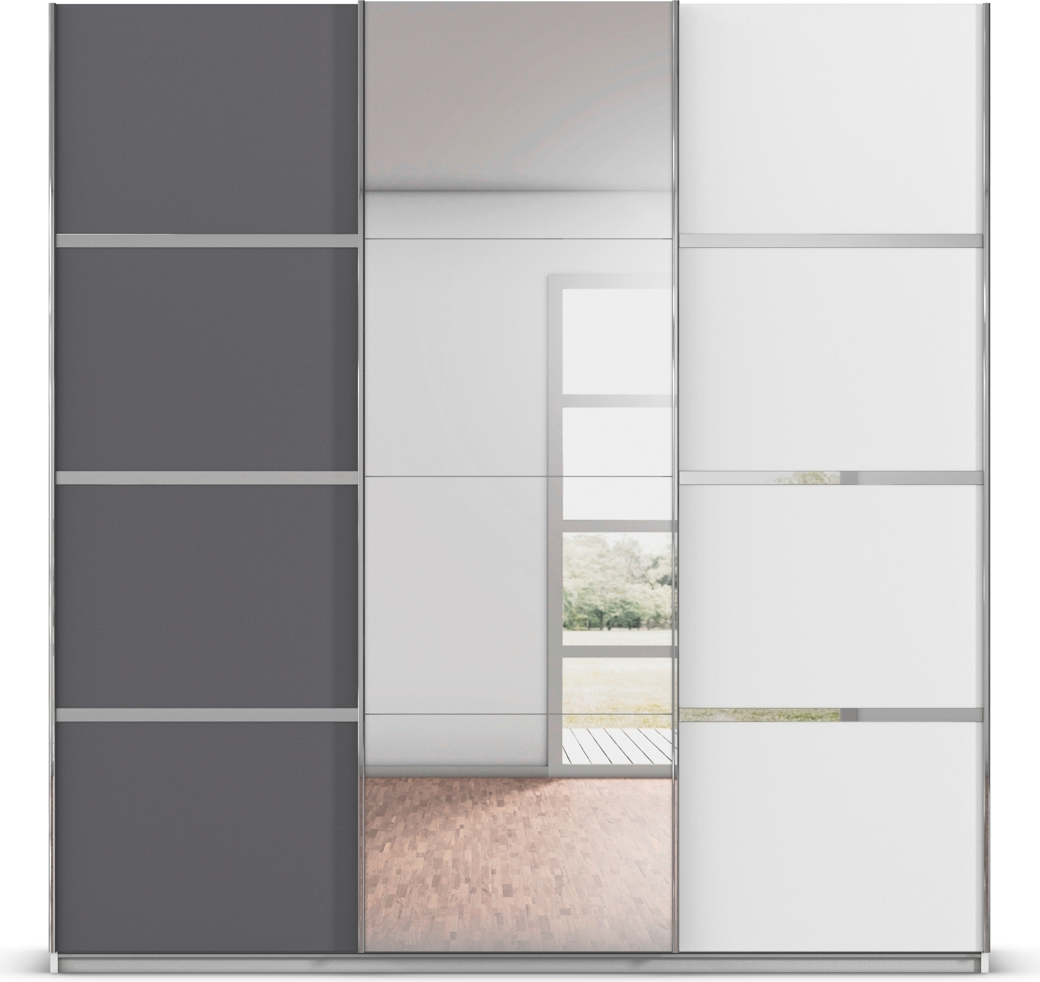 rauch Kleiderschrank »Schwebetürenschrank OTTO´s Choice Garderobe Schrank TOP ANGEBOT Avola«, (in 3 verschiedenen Ausstattungen BASIC/CLASSIC/PREMIUM inkl. Spiegel), mit eleganten Zierleisten in Chrom, Schwarz oder Weiß MADE IN GERMANY
