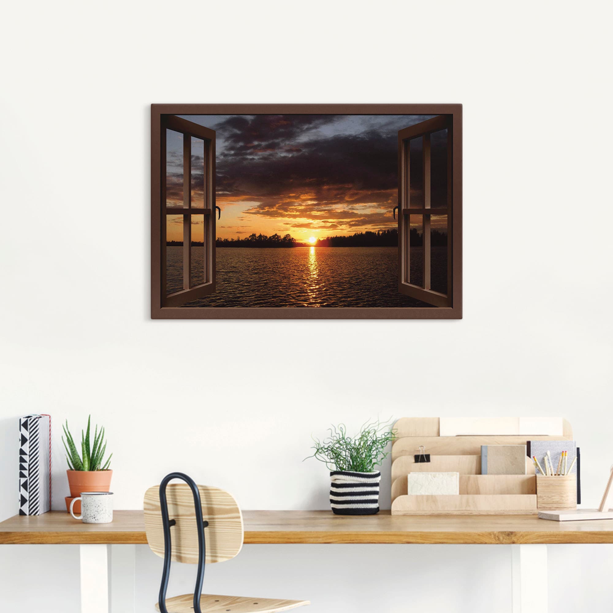 Artland Leinwandbild »Sonnenuntergang am See, braunes Fenster«, Seebilder, (1 St.), auf Keilrahmen gespannt
