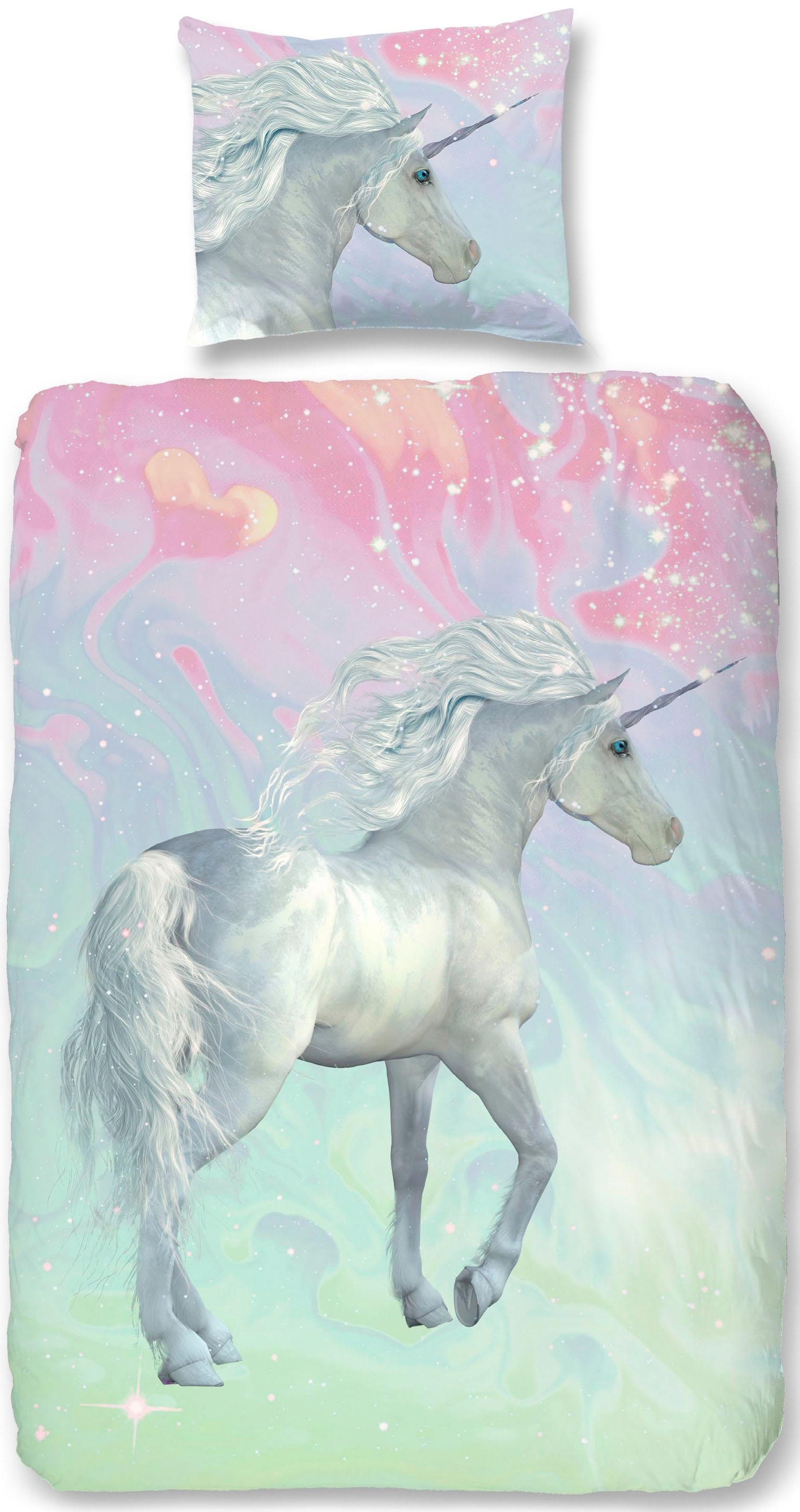 good morning Kinderbettwäsche »Unicorn«, Baumwolle, Renforcé, 135x200, Reißverschluss, Kind, Mädchen, Einhorn
