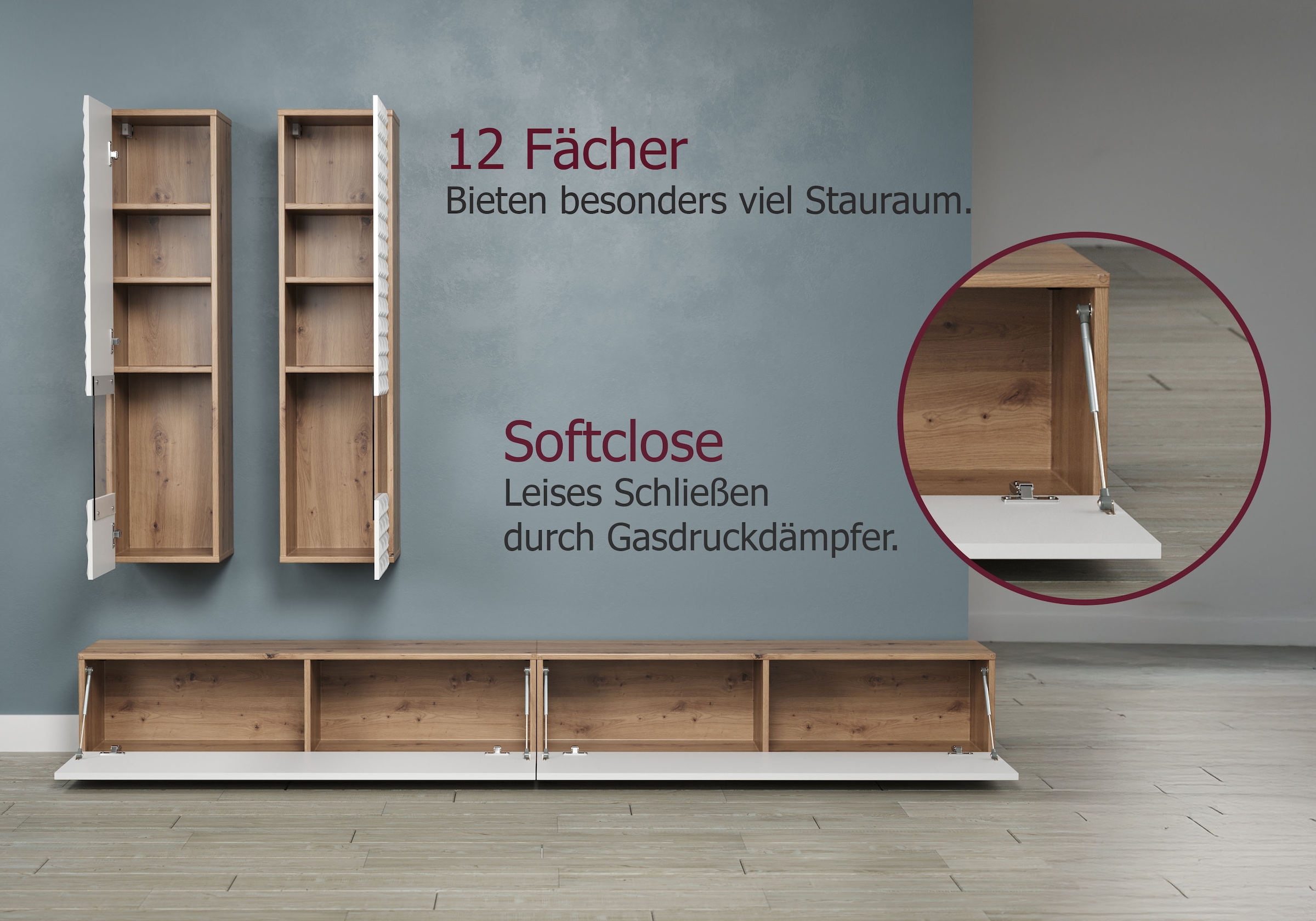 INOSIGN Wohnwand »Rezzo, 2 Hängevitrinen mit Relief-Front, 2 Lowboards je Br. 120 cm«, (Komplett-Set, 4 St.), insgesamt Br. 240 cm, Montage stehend oder hängend