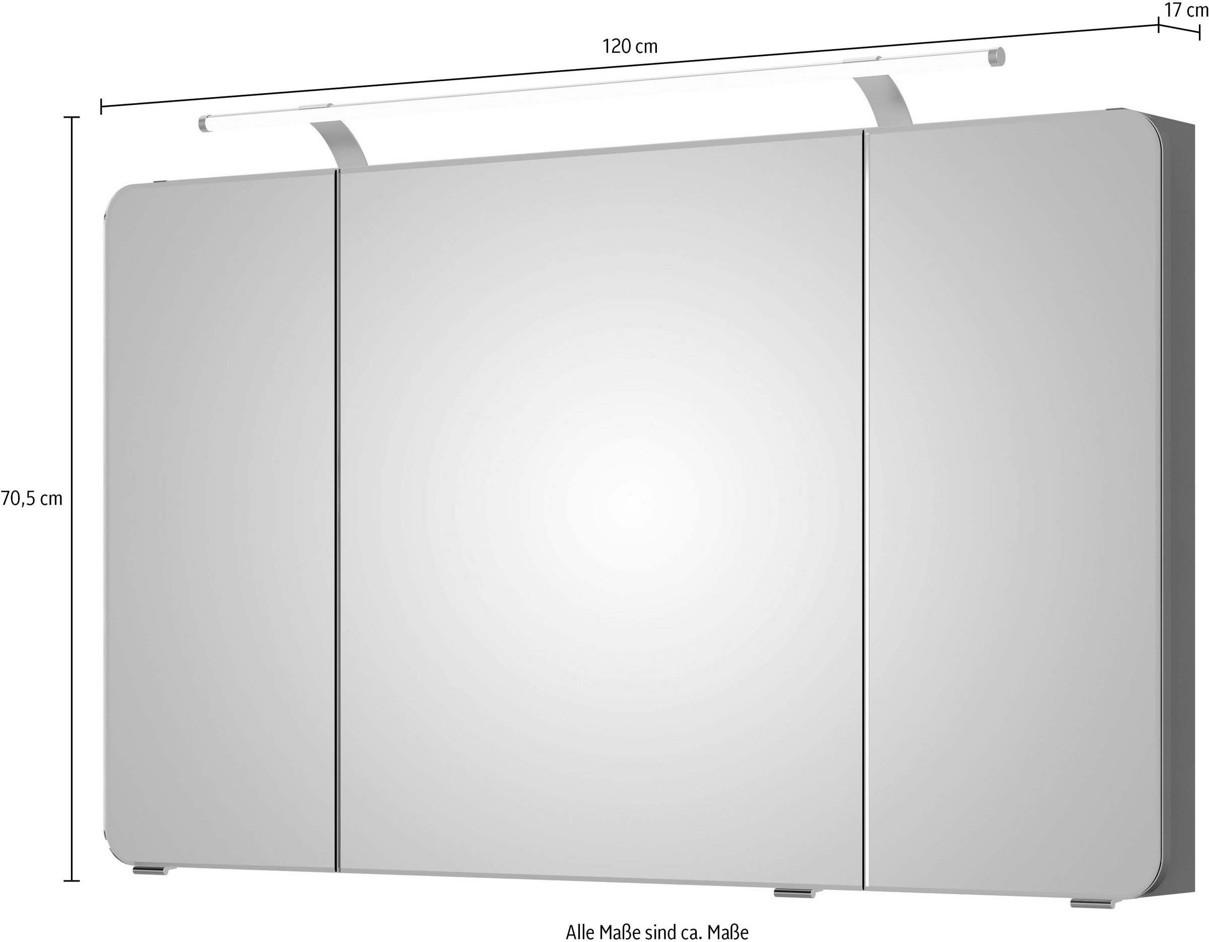Saphir Spiegelschrank »Serie 4005 Badezimmer-Spiegelschrank inkl. LED-Aufsatzleuchte«, Badschrank 120 cm breit, 3 Türen, 6 Glas-Einlegeböden, inkl Türdämpfer