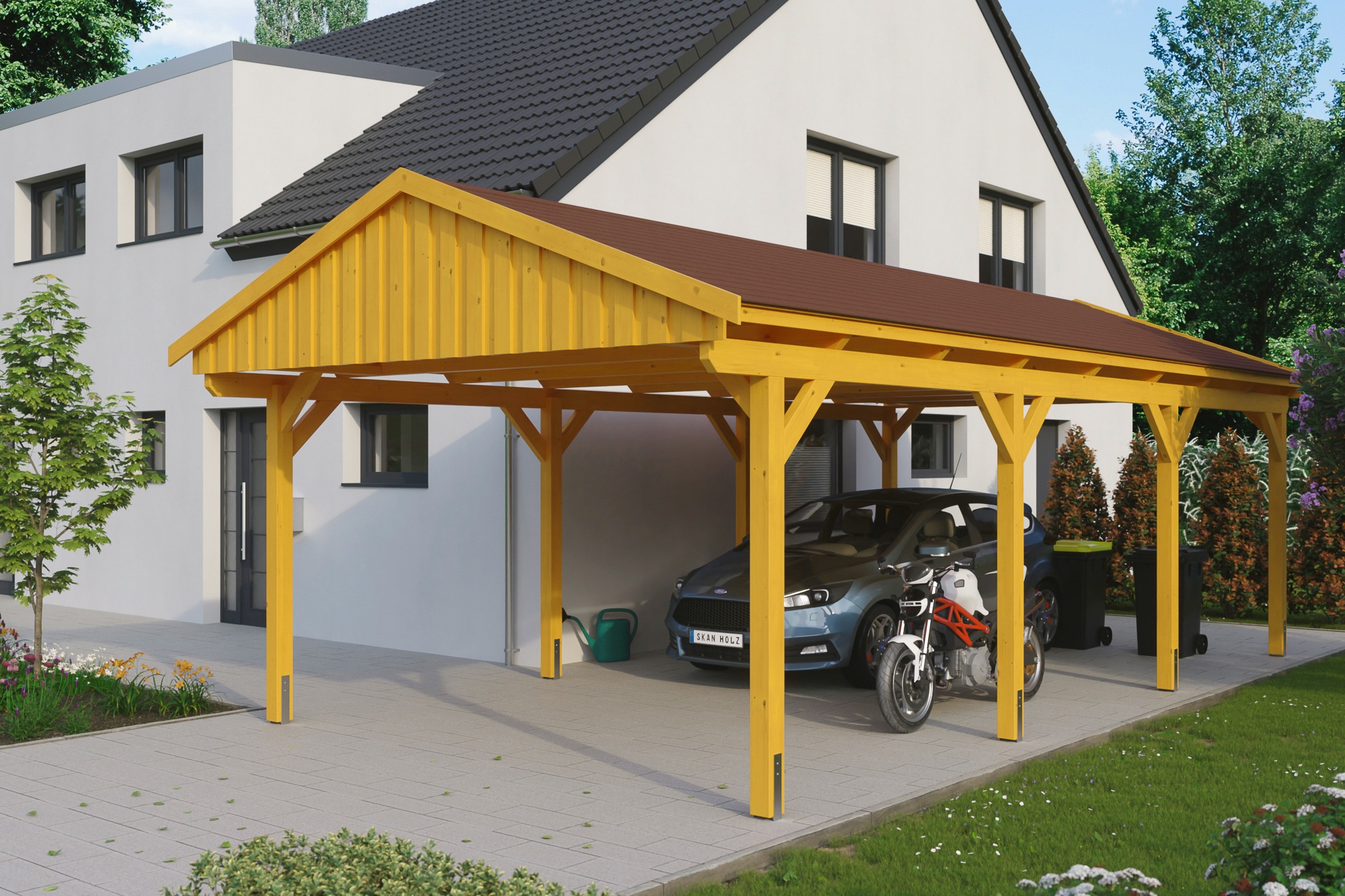 SKANHOLZ Einzelcarport »Fichtelberg« Leimholz, Nordisches Fichtenholz hellbraun mit roten Schindeln hellbraun