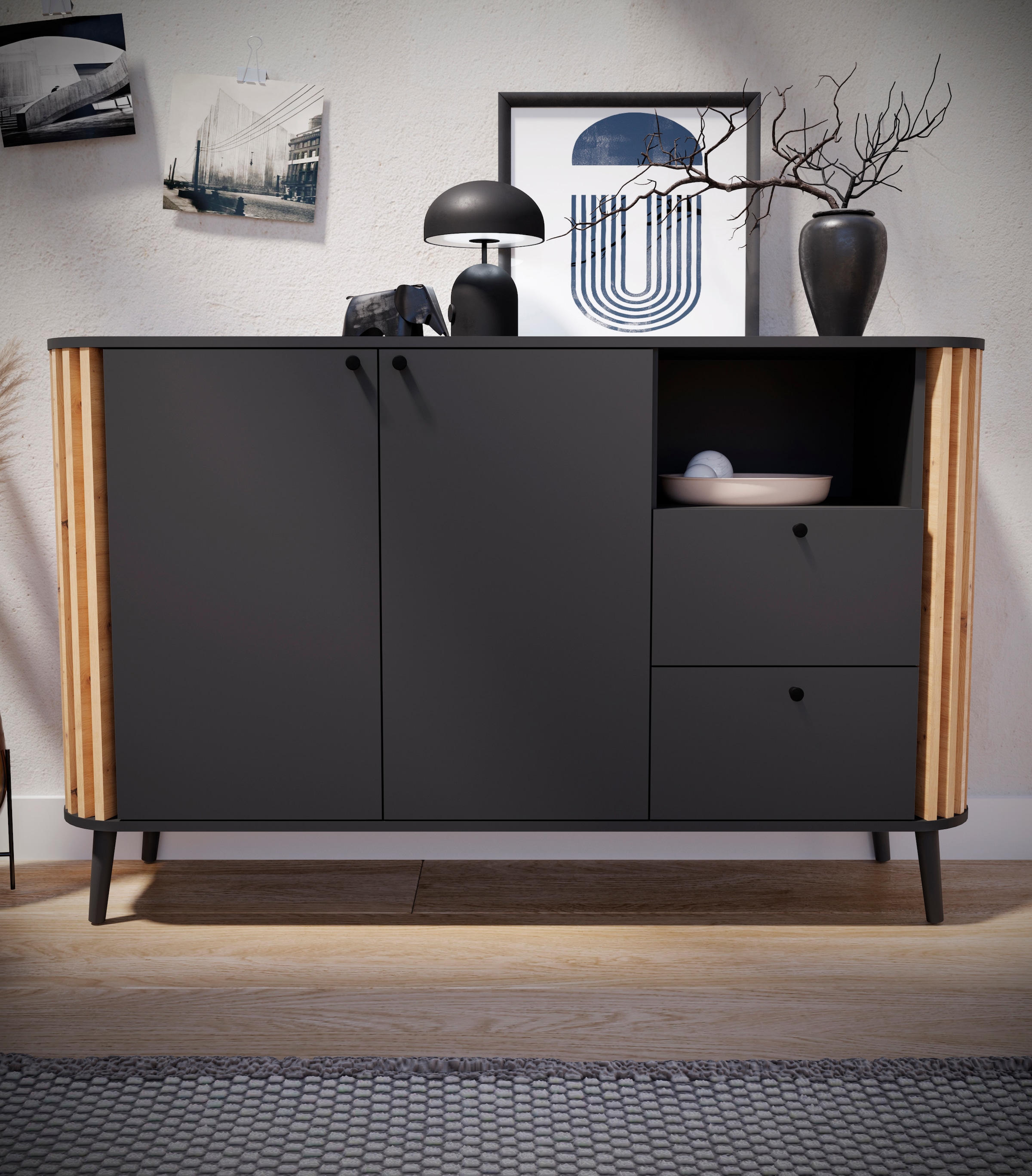 INOSIGN Sideboard »Stavanger, Breite 138cm, Paneel-Stäbchen-Optik, 2 Schubkästen, 2 Türen«, (1 St.), 1 offenes Fach, 1 Einlegeboden, Anrichte, Schrank, Kommode, Wohnmöbel