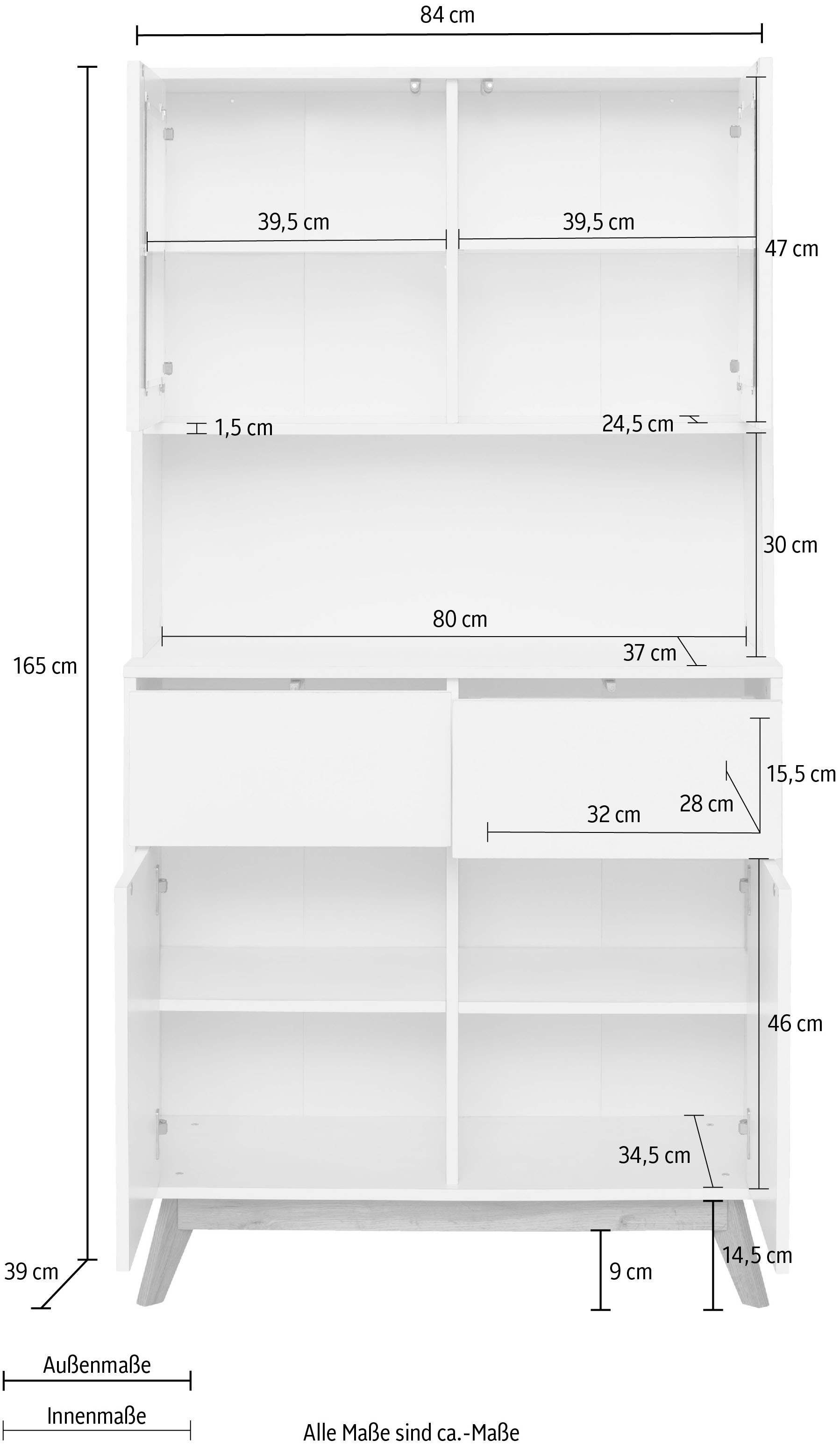 Home affaire Buffet »Skandi«, 2 Glastüren, 2 Holztüren und 2 Schubkasten, Breite 84cm, Höhe 165cm