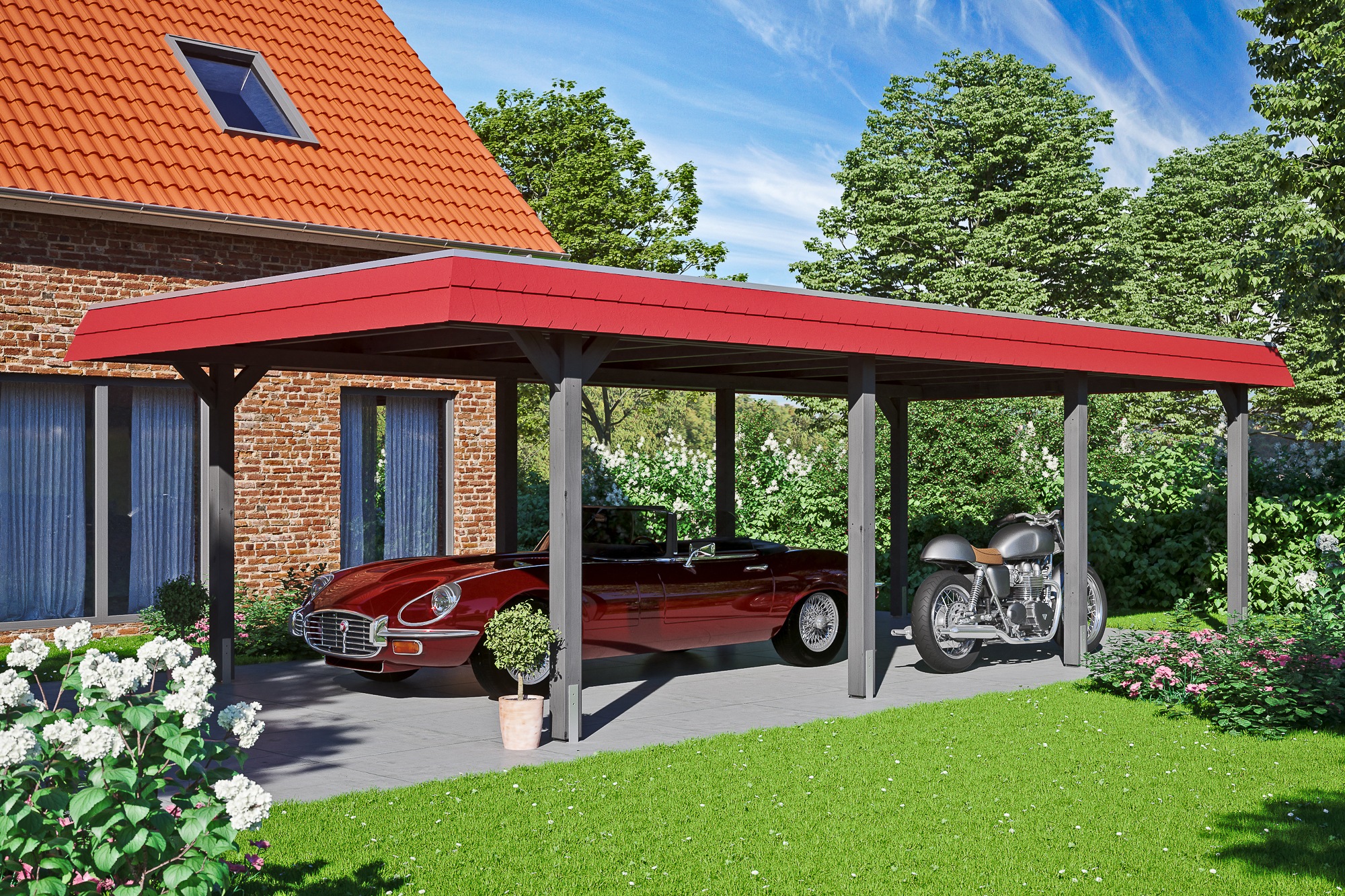 Skanholz Einzelcarport »Wendland«, Leimholz-Fichte, 341 cm, Schiefergrau, mit Aluminiumdach, rote Blende