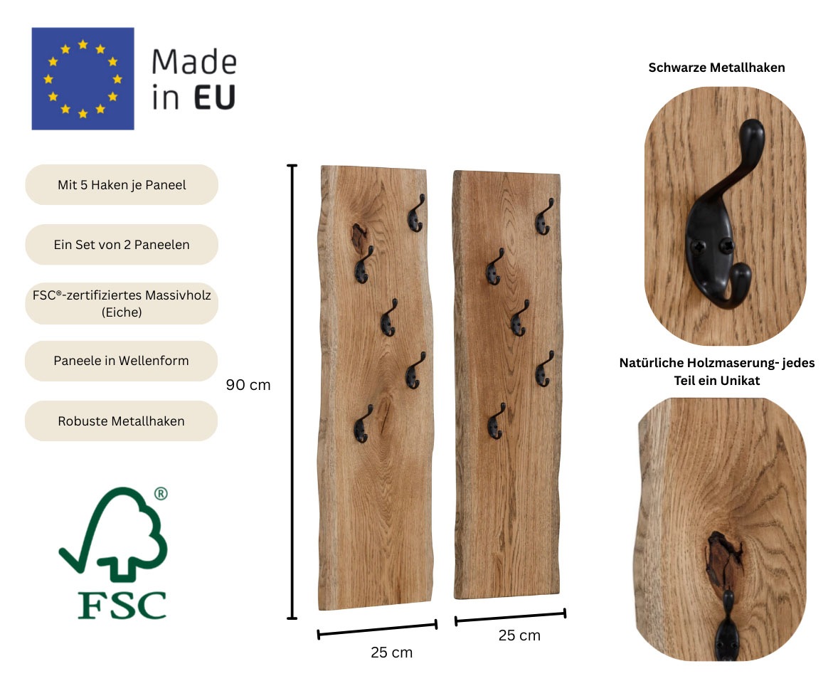 Home affaire Garderobenpaneel »Brodi« Maße pro Paneel (B/T/H): 25/2/90 cm,  aus massiver Eiche in Wellenform, 2er-Set mit je 5 Metallhaken