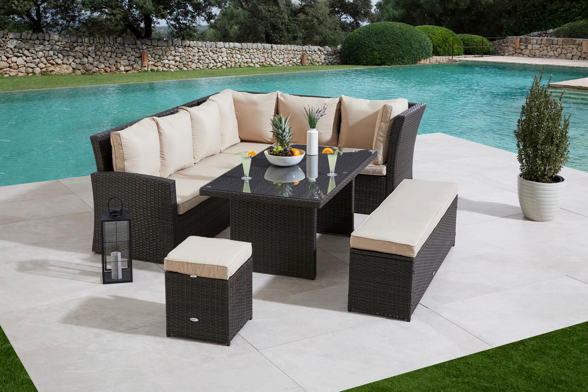 MERXX Gartenlounge-Set »Barcelona«, (5 tlg.), 2 Sofas, Sitzbank, Hocker, Tisch