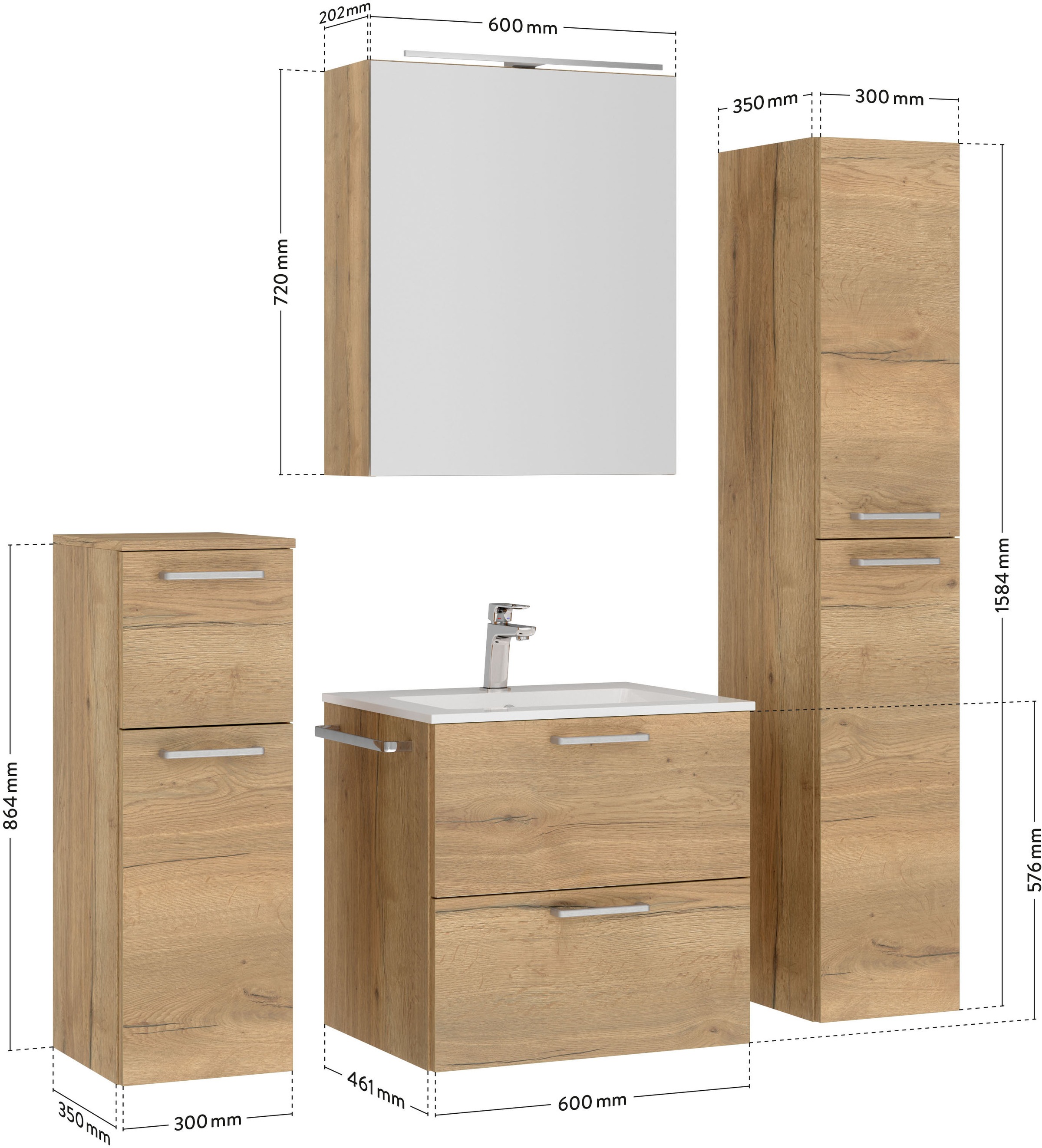 nobilia® Badmöbel-Set »Tolvina«, (4 St., vormontiert, mit Soft-Close), inkl. Spiegelschrank mit Beleuchtung und Dimmerfunktion, in 4 Breiten