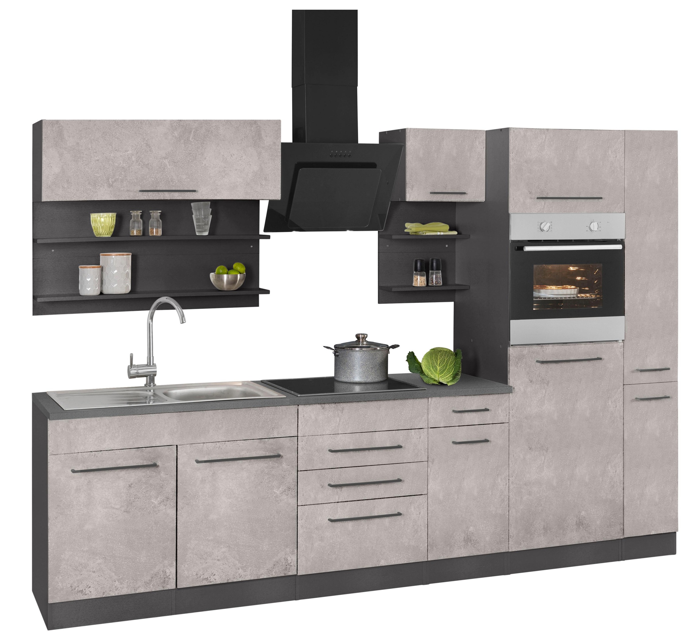 KOCHSTATION Küchenzeile »KS-Tulsa«, mit E-Geräten, Breite 300 cm, schwarze Metallgriffe, MDF Fronten