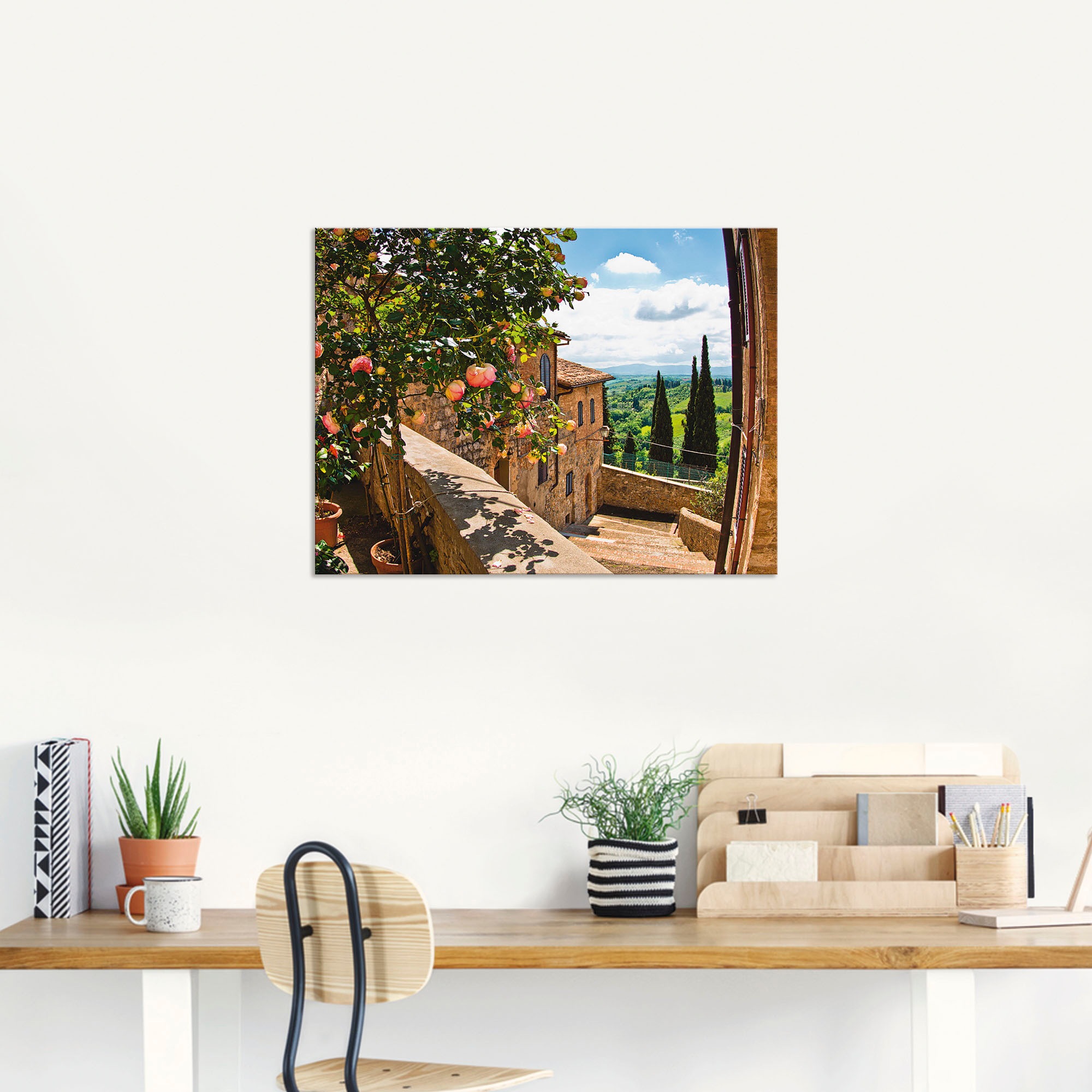 Artland Wandbild "Rosen auf Balkon Toskanalandschaft", Garten, (1 St.), als günstig online kaufen