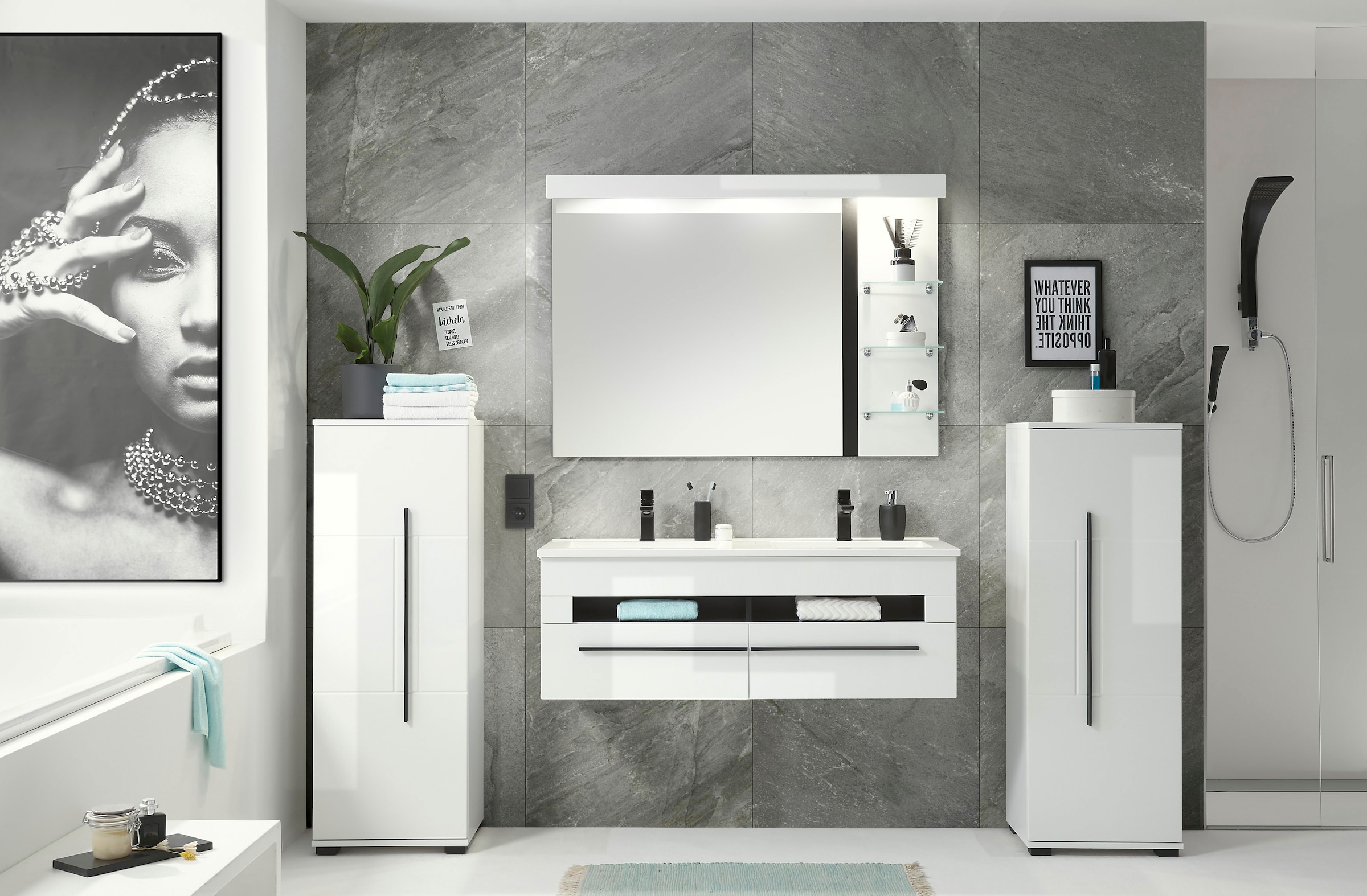 INOSIGN Badmöbel-Set »Cantara, Bad im modernen Design, 4-teiliges Badezimmer«, (Set, 4 St.), Waschtisch, Schränke und Spiegel, in Weiß Hochglanz, viel Stauraum