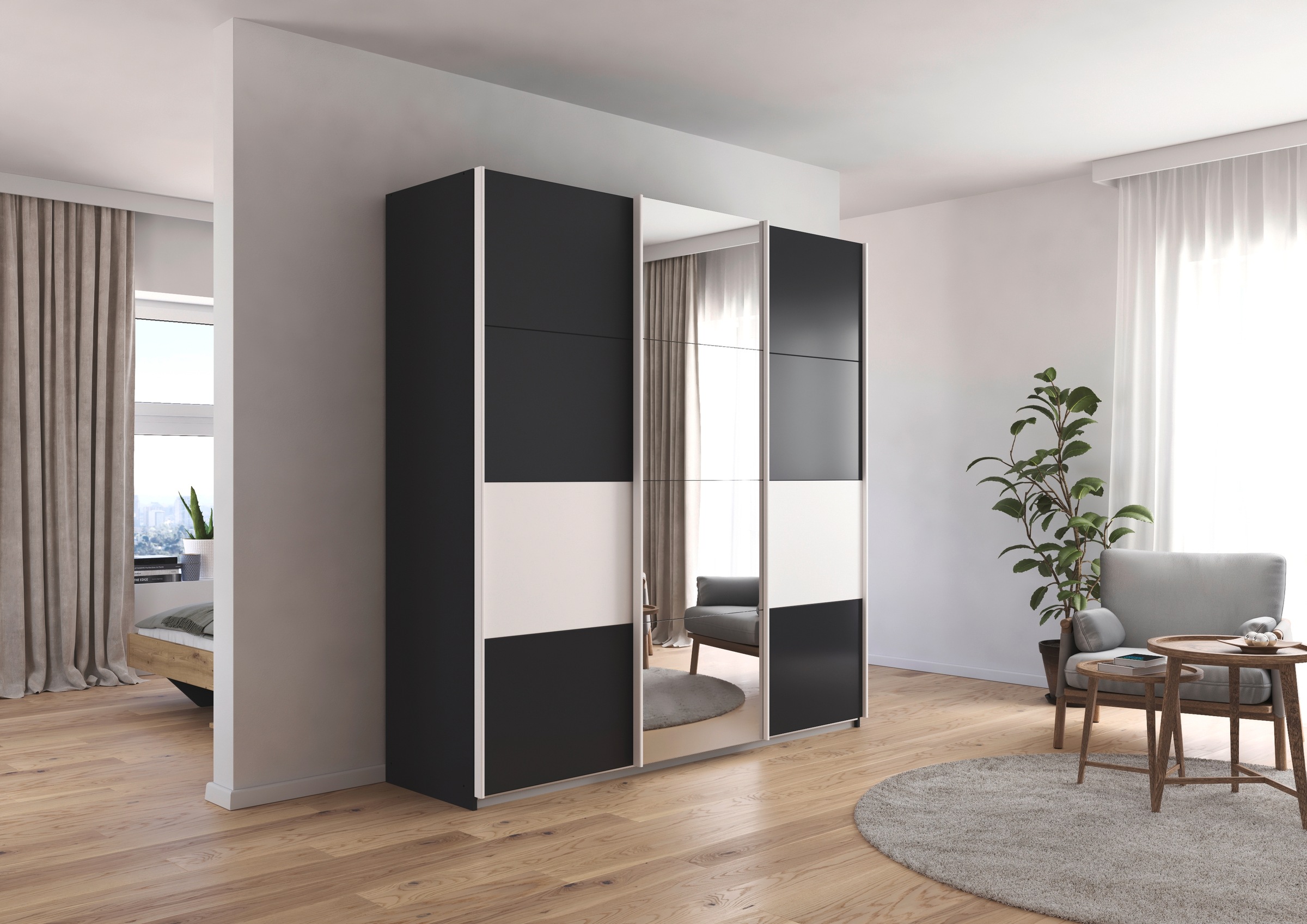 rauch Schwebetürenschrank »Schwebetürenschrank Kleiderschrank Schrank Garderobe CORTONA«, inkl. Inneneinteilung, 2 Stoffboxen und zusätzlichen Einlegeböden