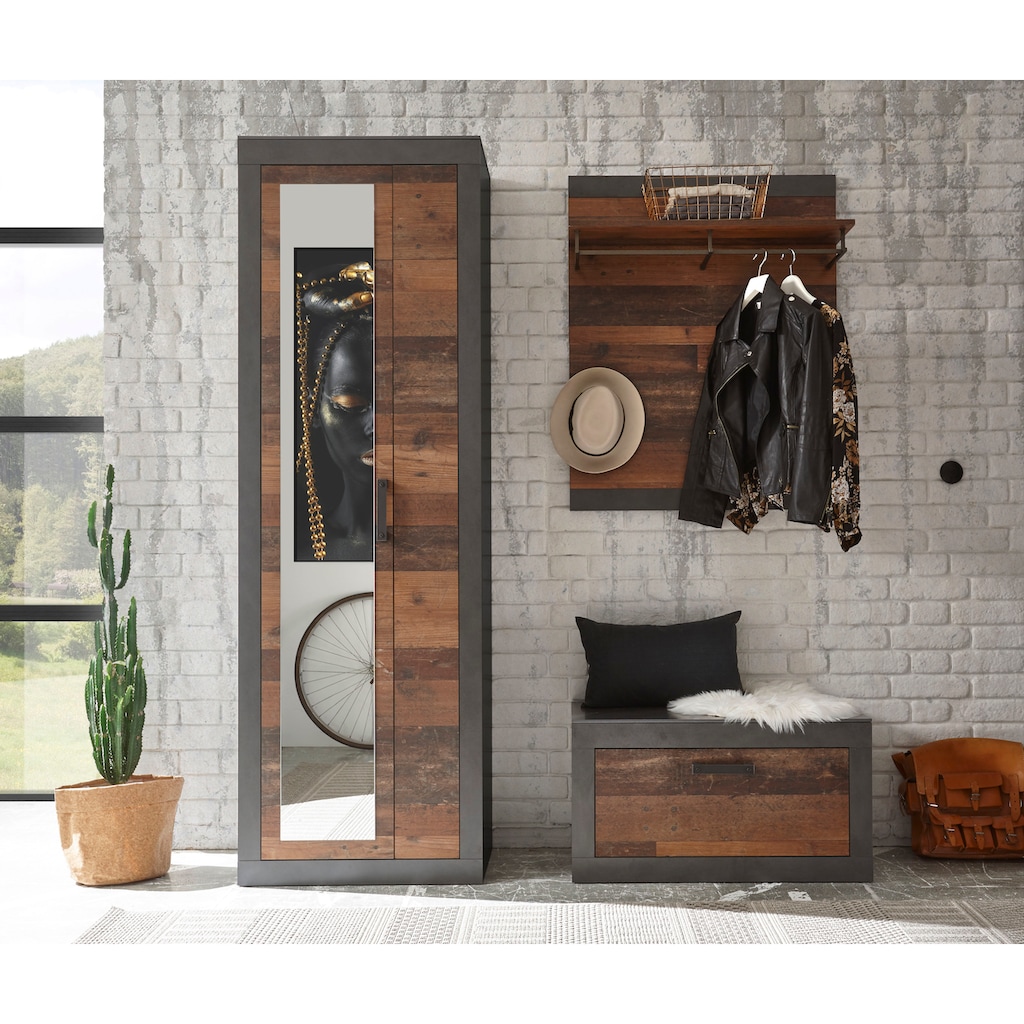 Home affaire Garderoben-Set »BROOKLYN«, (Komplett-Set, bestehend aus Garderobenschrank mit Spiegel, Garderobenbank und)