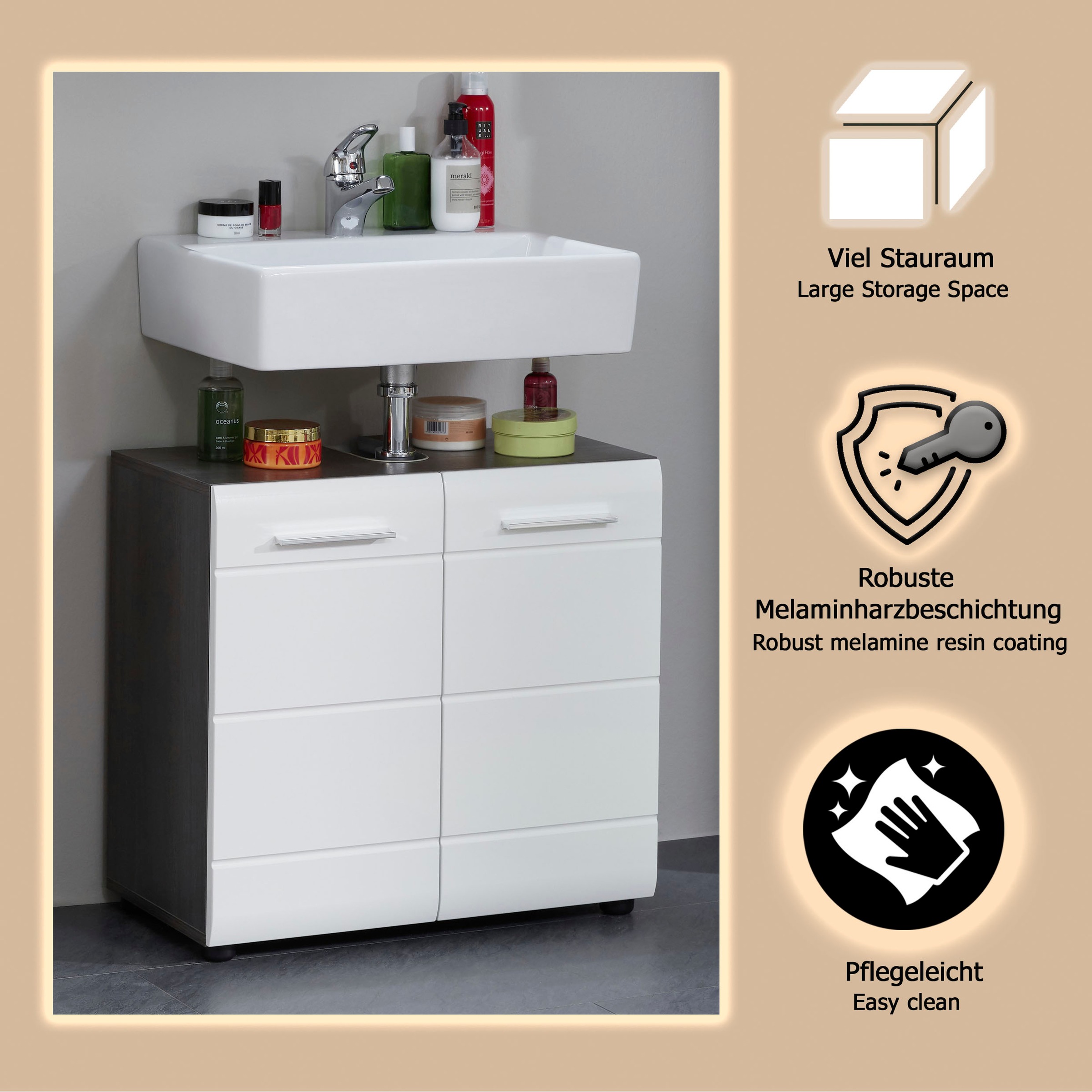 welltime Waschbeckenunterschrank »Sovana« Waschbeckenunterschrank mit 2 Türen - (B/T/H) 60/31/57 cm