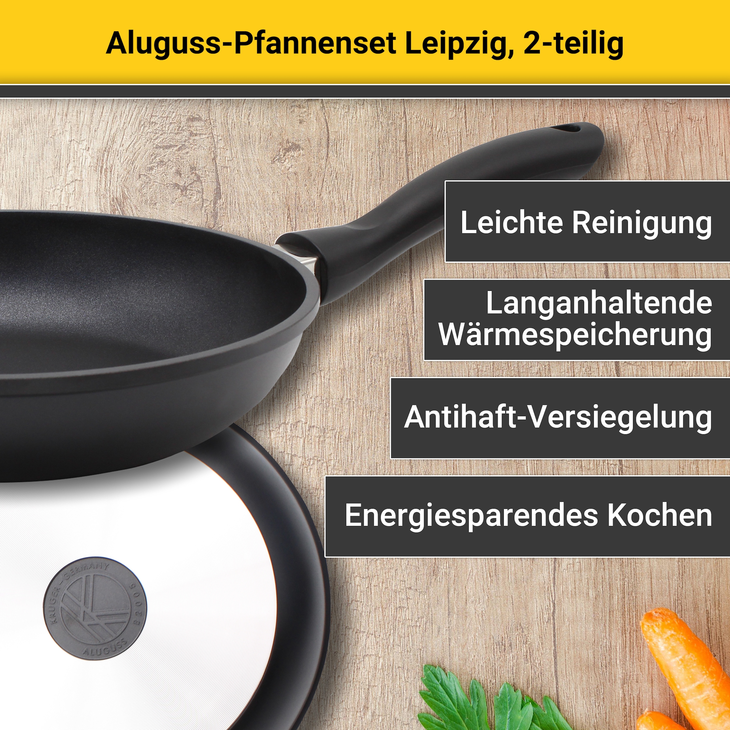 Krüger Pfannen-Set »Aluguss Pfannenset LEIPZIG, 2 tlg.«, Aluminiumguss, (Set, 2 tlg., 1x Eckpfanne 28x28 cm (H. 4,5 cm), 1x Bratpfanne Ø 24 cm (H. 6,5 cm), hochwertige Antihaft-Versiegelung