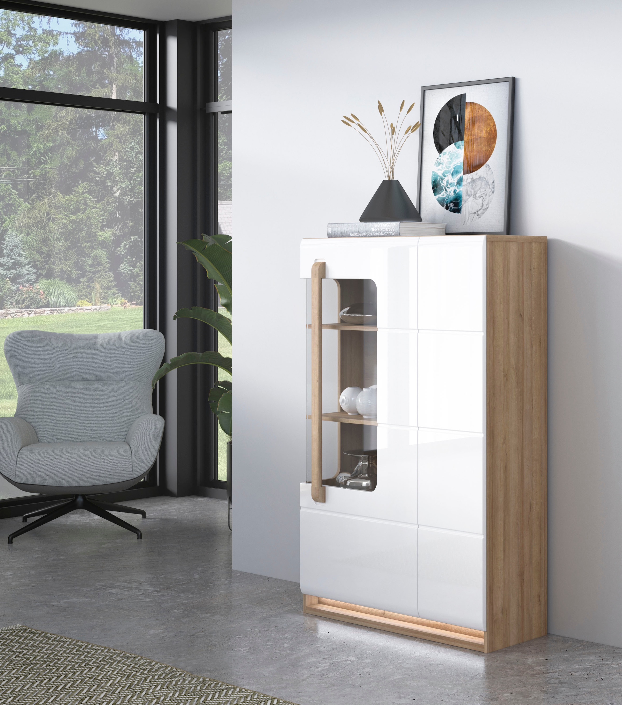 FORTE Highboard »Attention«, (Hochschrank, Hochkommode), Highboard, Beleuchtung, Soft Close, Glastüre, Stauraum, Höhe 139,6cm