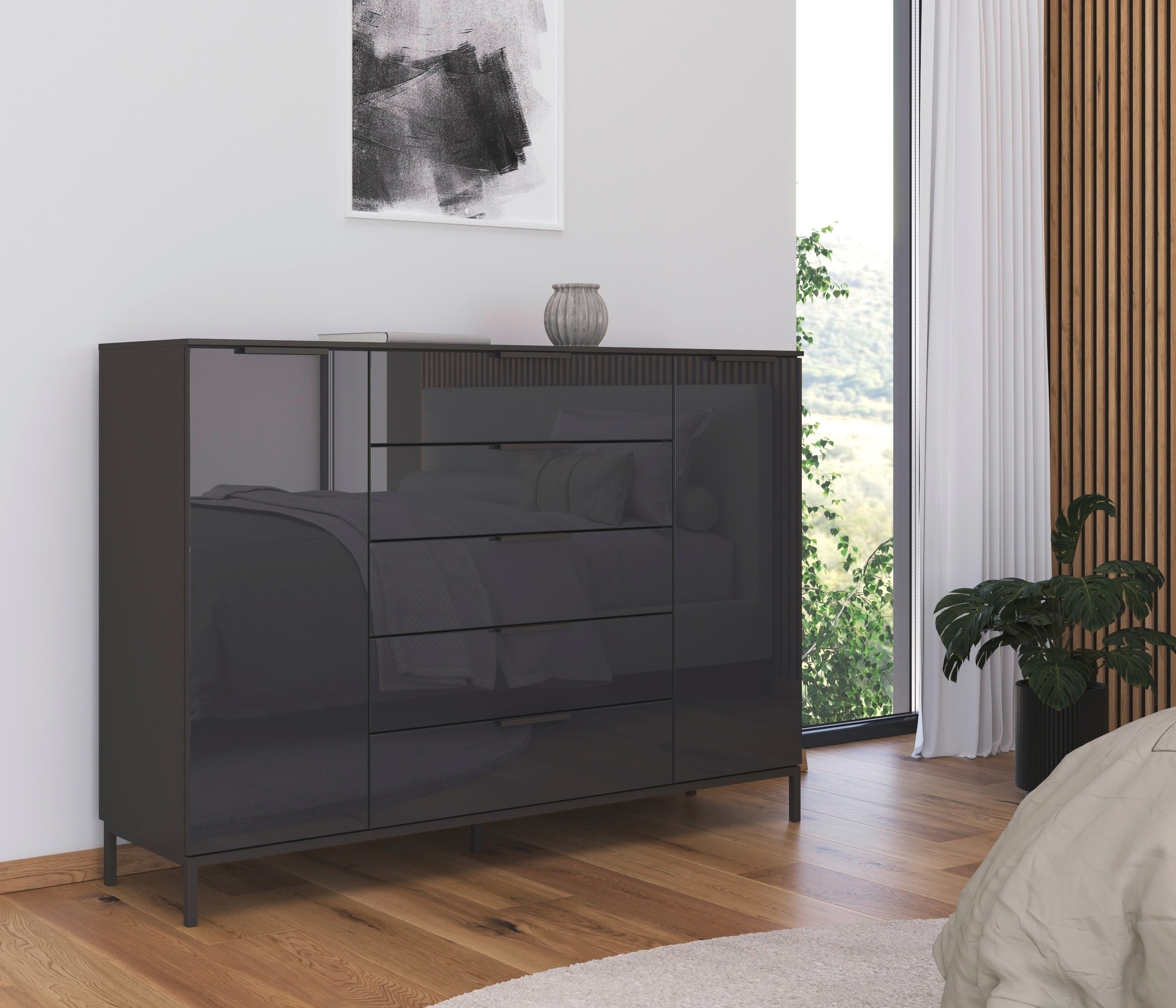 rauch Schubkastenkommode »Kommode Türkommode Sideboard Kombikommode FLIPP mit Glasfront«, (Breite 160/180 cm mit 4 Einlegeböden), 2-trg mit 5 Schubladen und Soft-Close-Funktion, Glasfront, 2 Breiten