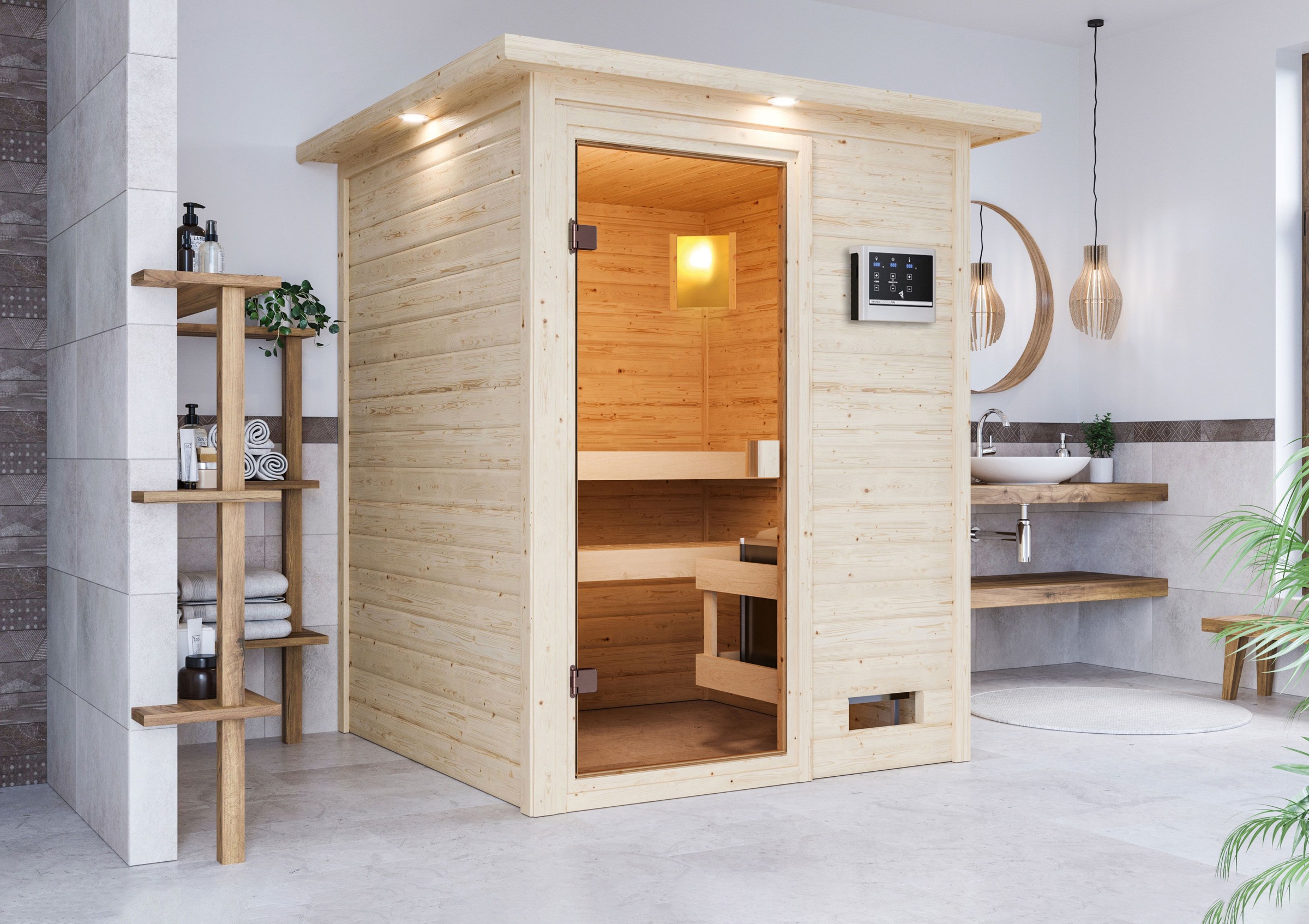 Karibu Sauna »"Sandy" mit bronzierter Tür und Kranz, Ofen 9 kW, naturbelass günstig online kaufen