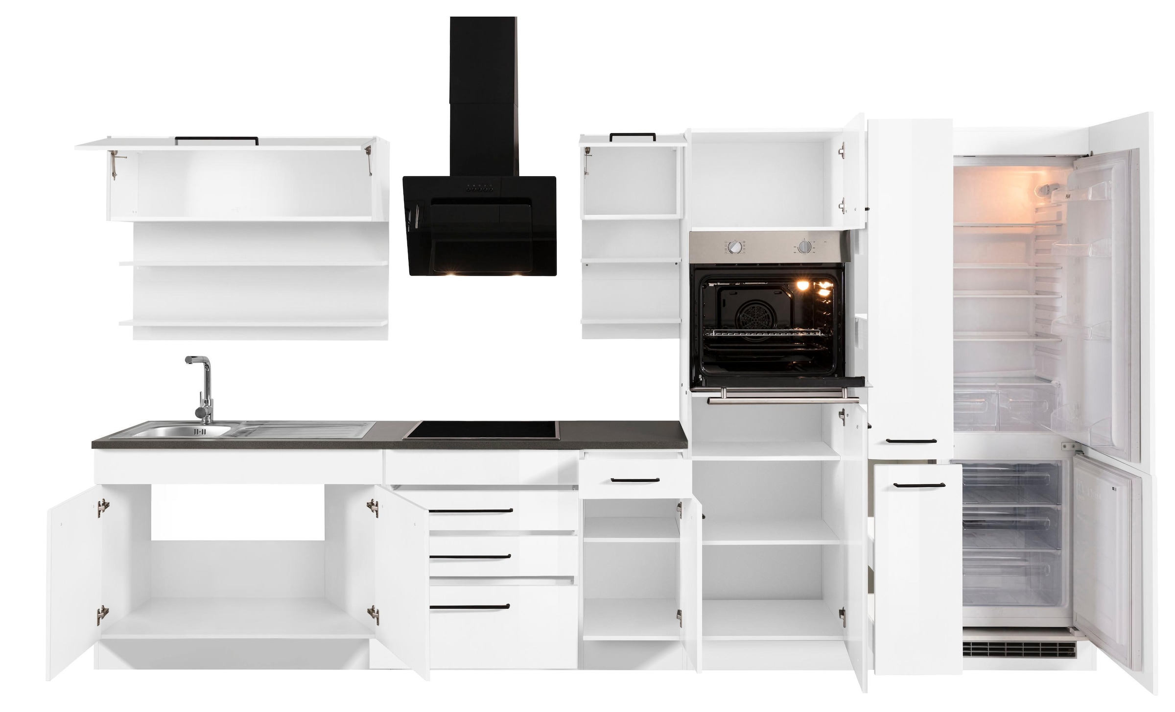KOCHSTATION Küchenzeile »KS-Tulsa«, mit E-Geräten, Breite 360 cm, schwarze Metallgriffe, MDF Fronten