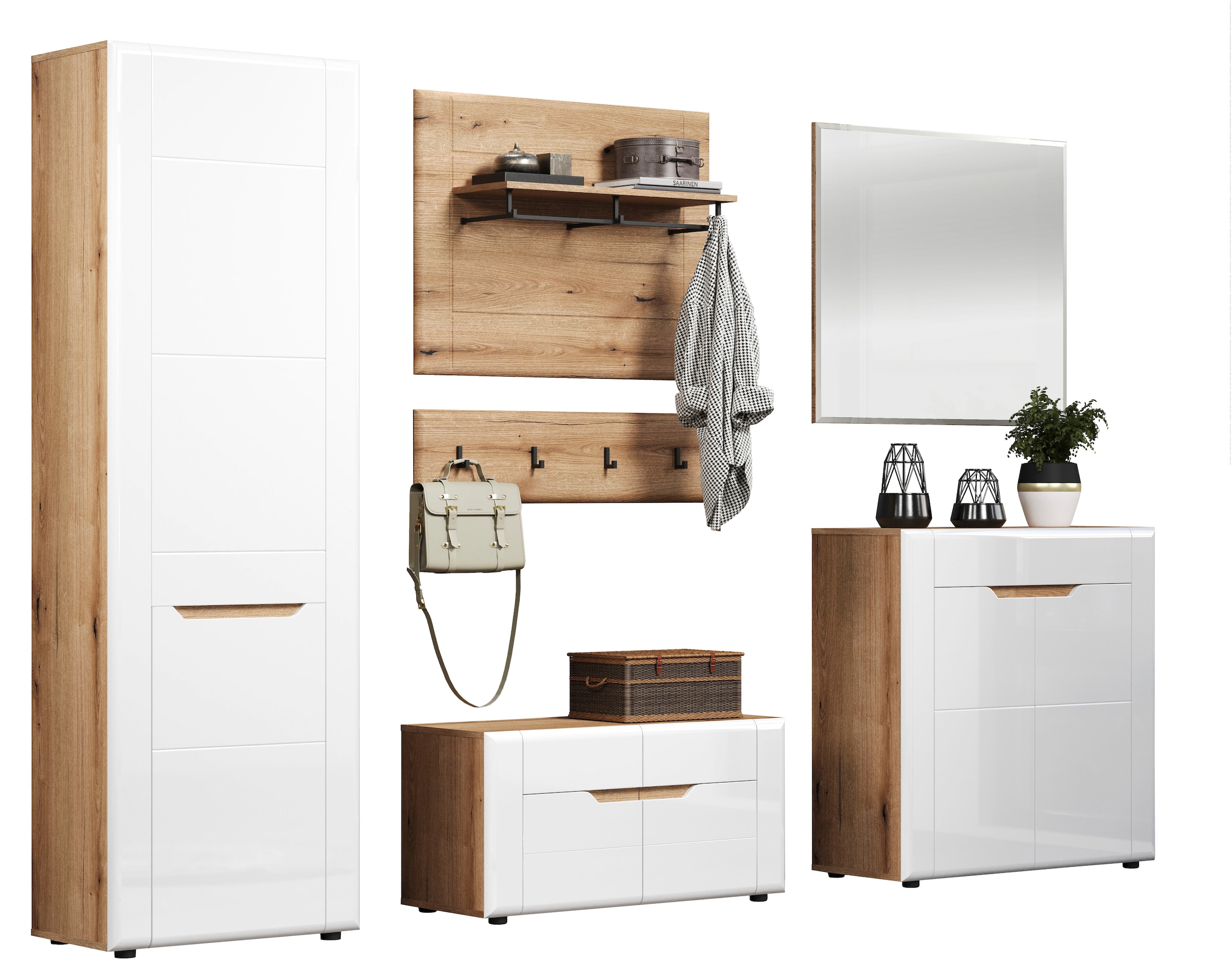 INOSIGN Wandboard »Graz«, (Packung, 1 St.), Maße (B/H/T in cm): (91/70/26) - Farbe: Weiß Hochglanz und Eiche