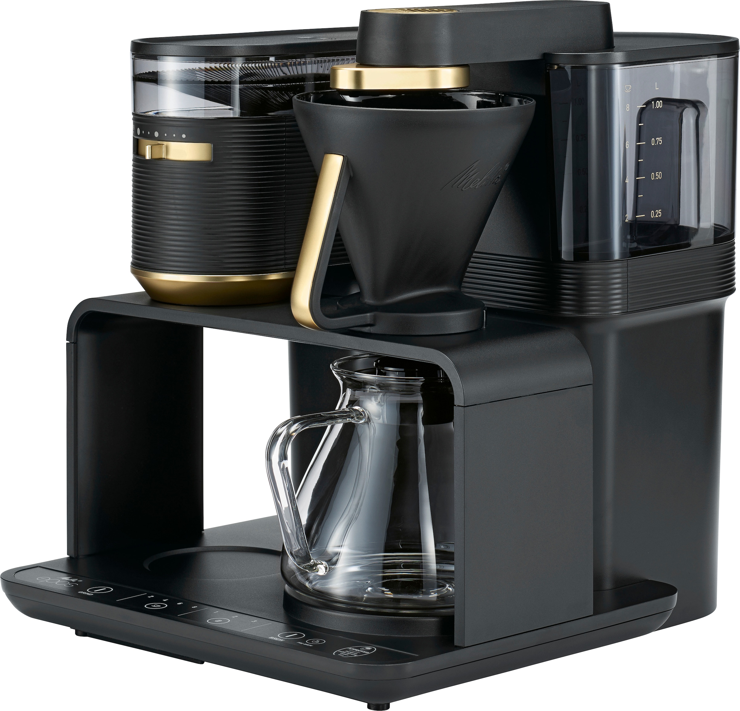 Melitta Kaffeemaschine mit bestellen Schwarz/Gold, 1024-04«, 1 Kaffeekanne, Papierfilter, l Wasserauslauf 1x4, Mahlwerk »EPOS® 360°rotierender