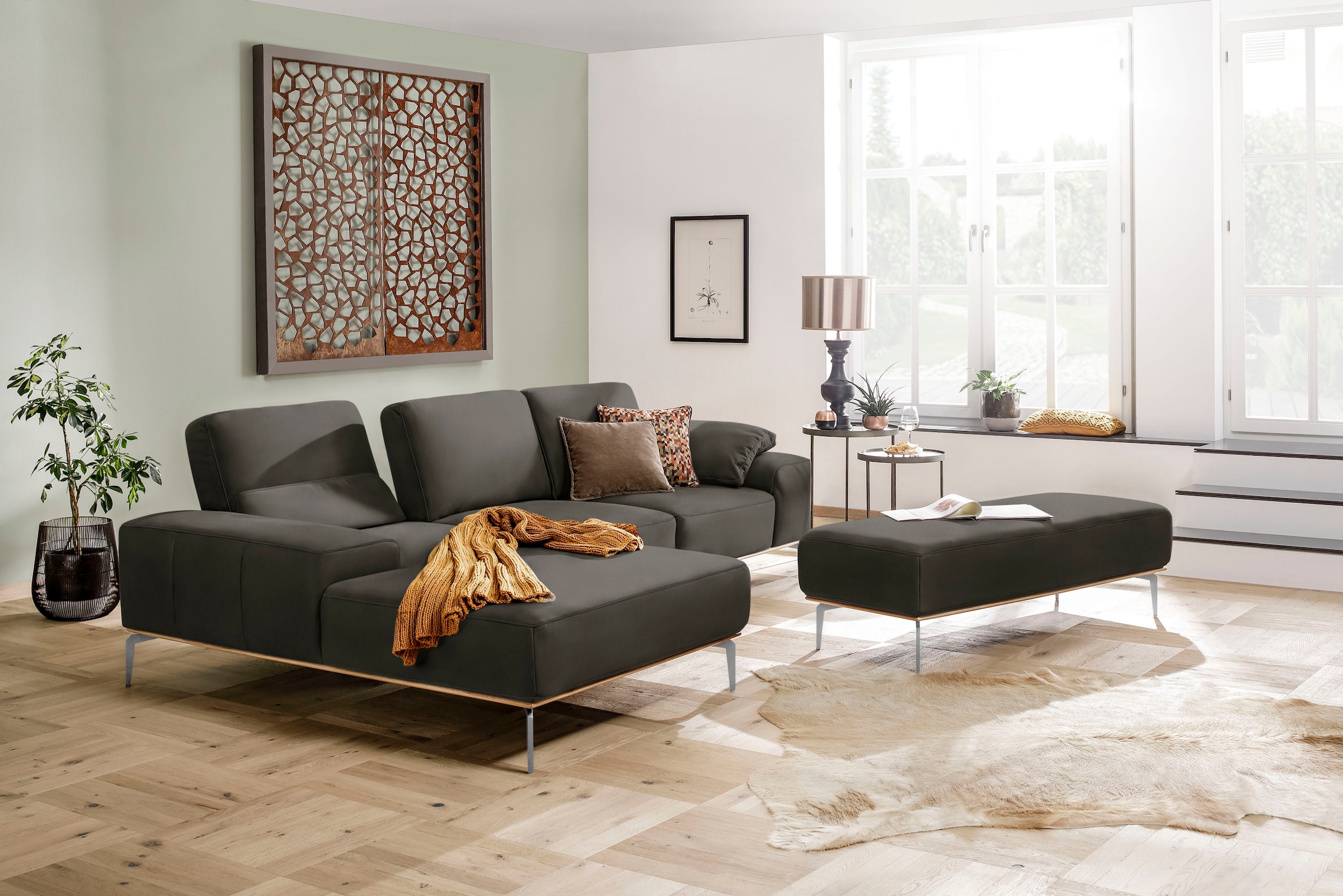 W.SCHILLIG Polsterhocker »run«, mit elegantem Holzsockel, Füße in Chrom glänzend, Breite 150 cm