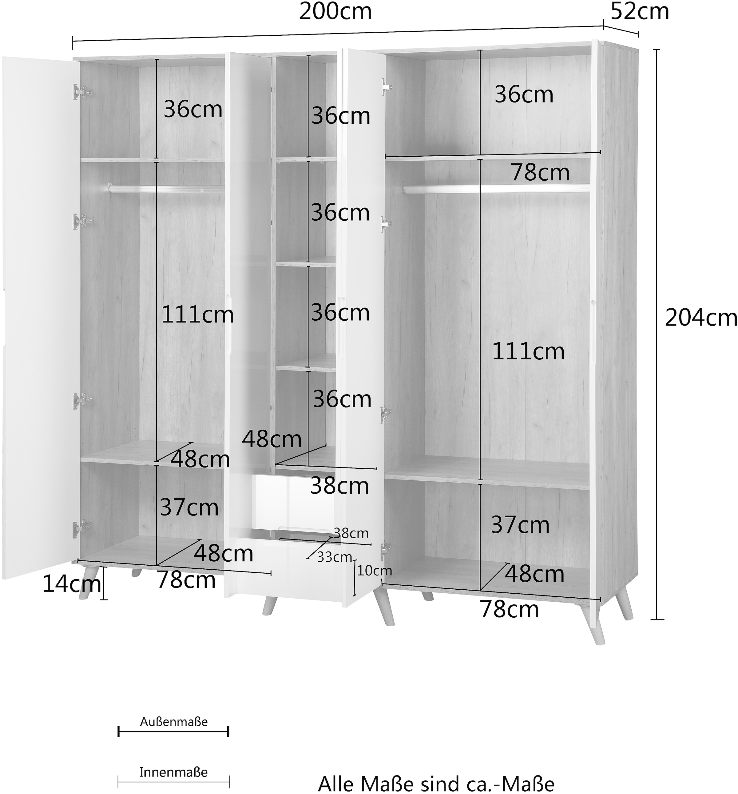 andas Kleiderschrank »Lund Schlafzimmerschrank Bestseller im skandinavischem Design«, Garderobenschrank mit Premium Innenausstattung, Breite 200cm hochglanz