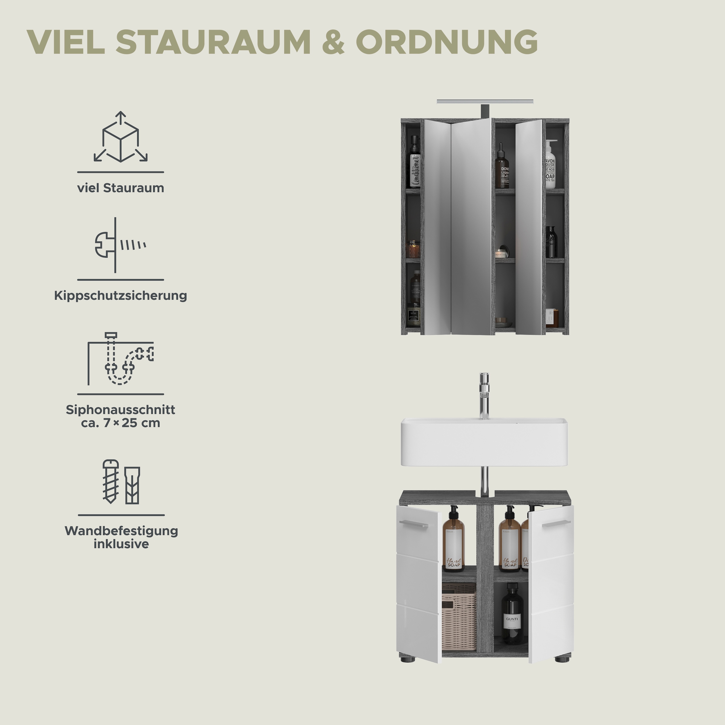 welltime Badmöbel-Set »LUCCA, 2 teilig, TOPSELLER!, inklusive LED Beleuchtung, bestehend aus:«, (Set, 2 St.), Waschbeckenunterschrank, Spiegelschrank, LED Badaufsatzleuchte