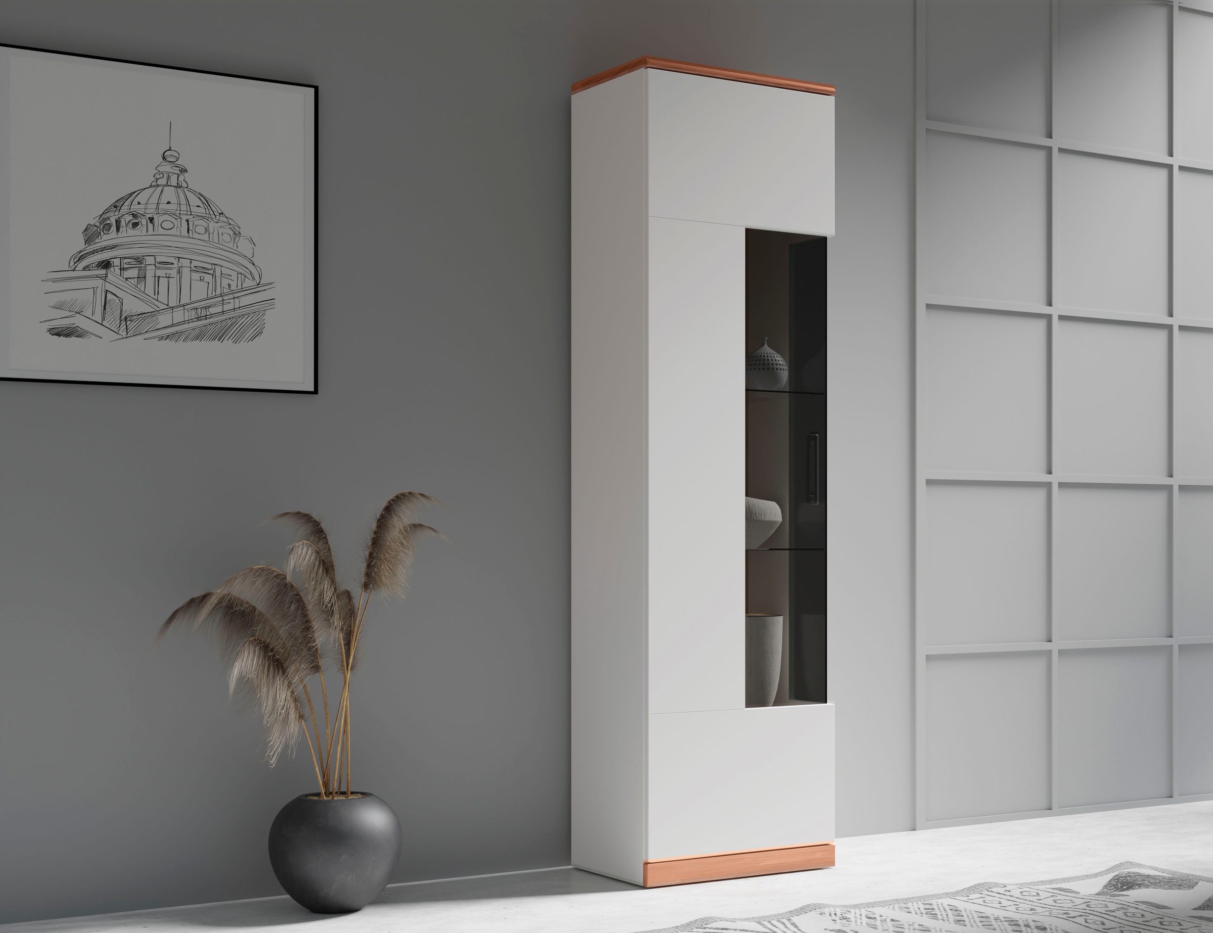 Home affaire Vitrine »Ribe,180cm hoch,5 Fächer,2 Glasböden variabel einsetzbar«, Oberplatte Kernbuche massiv,dunkles Glas, schwarze Metall Griffe