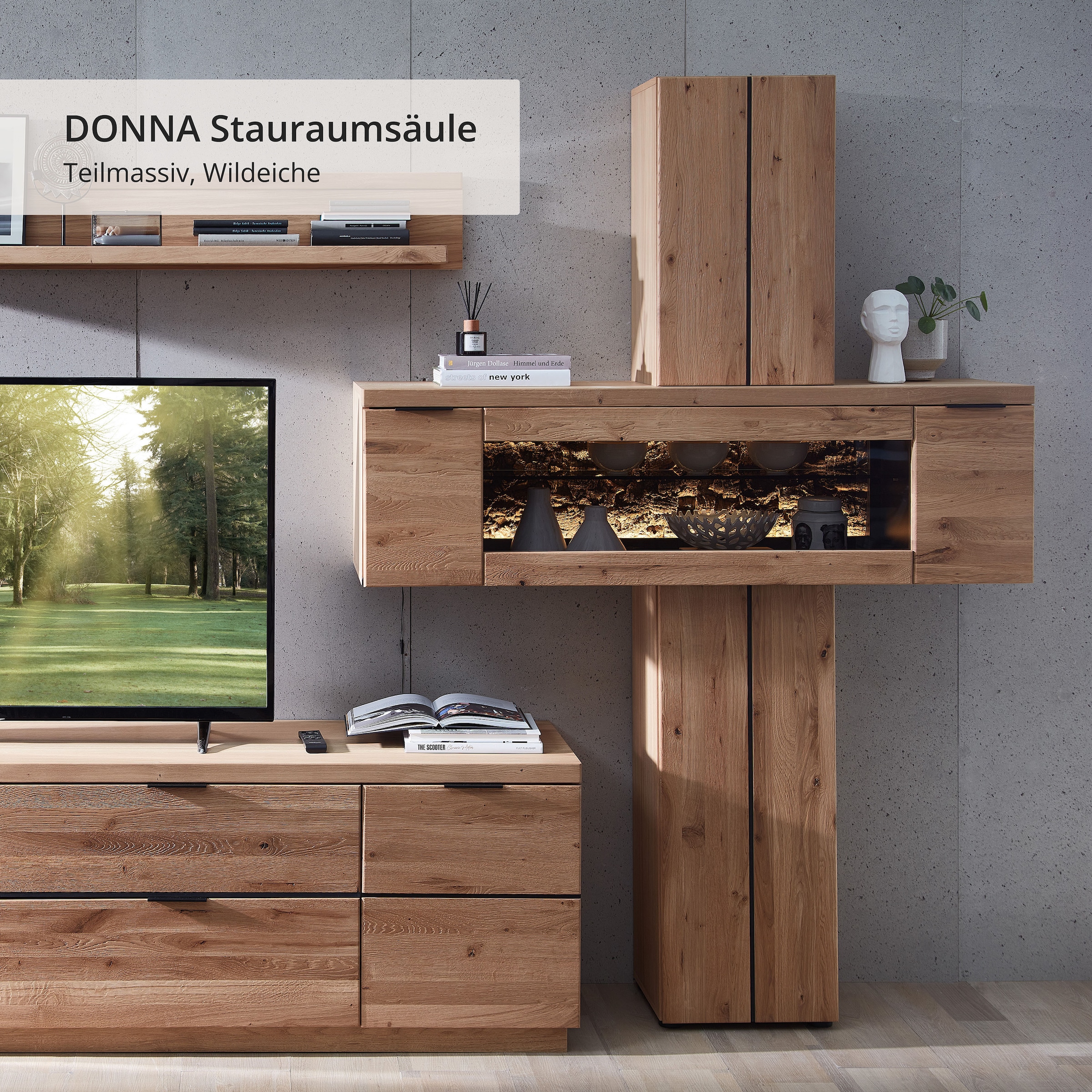 Wohnconcept Stauraumvitrine »Donna Stauraum-Säule, 140x203x42 (BxHxT)« 1 Stk. tlg. Beleuchtung bestellbar, 2 türig, Echtkork Absetzung, L/R verwendbar