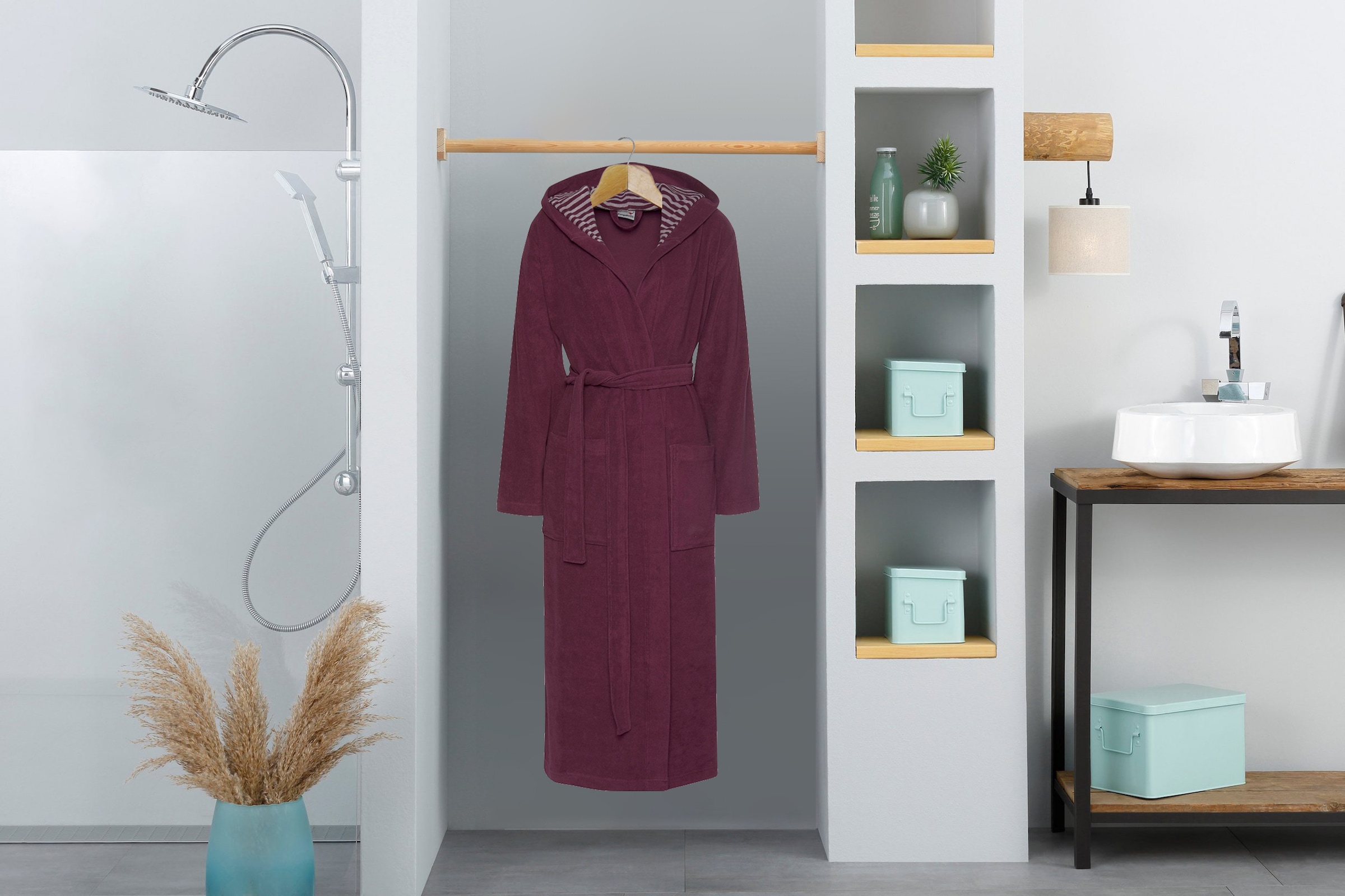 KangaROOS Damenbademantel »Dalia, ideal für Sauna & Spa, Standardlänge & Überlänge«, (1 St.), Uni-Farben mit Streifen, mit Taschen, XS-3XL, auch in extra lang