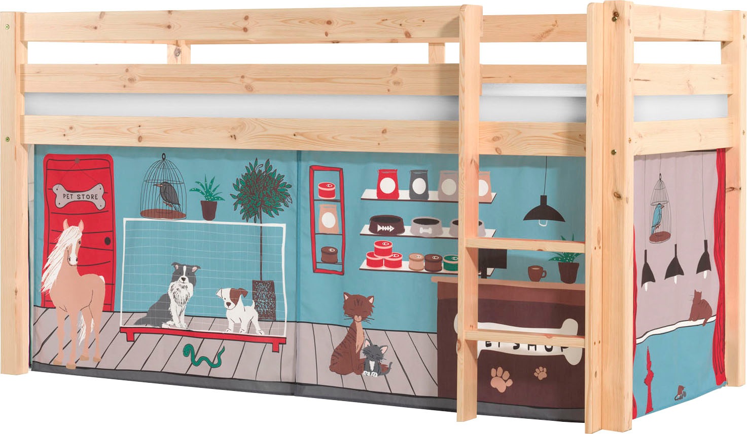 Vipack Spielbett »Vipack Pino«, (Made in Europe), mit Textil-Set, inkl. Rolllattenrost, in Natur, Weiß oder Grau