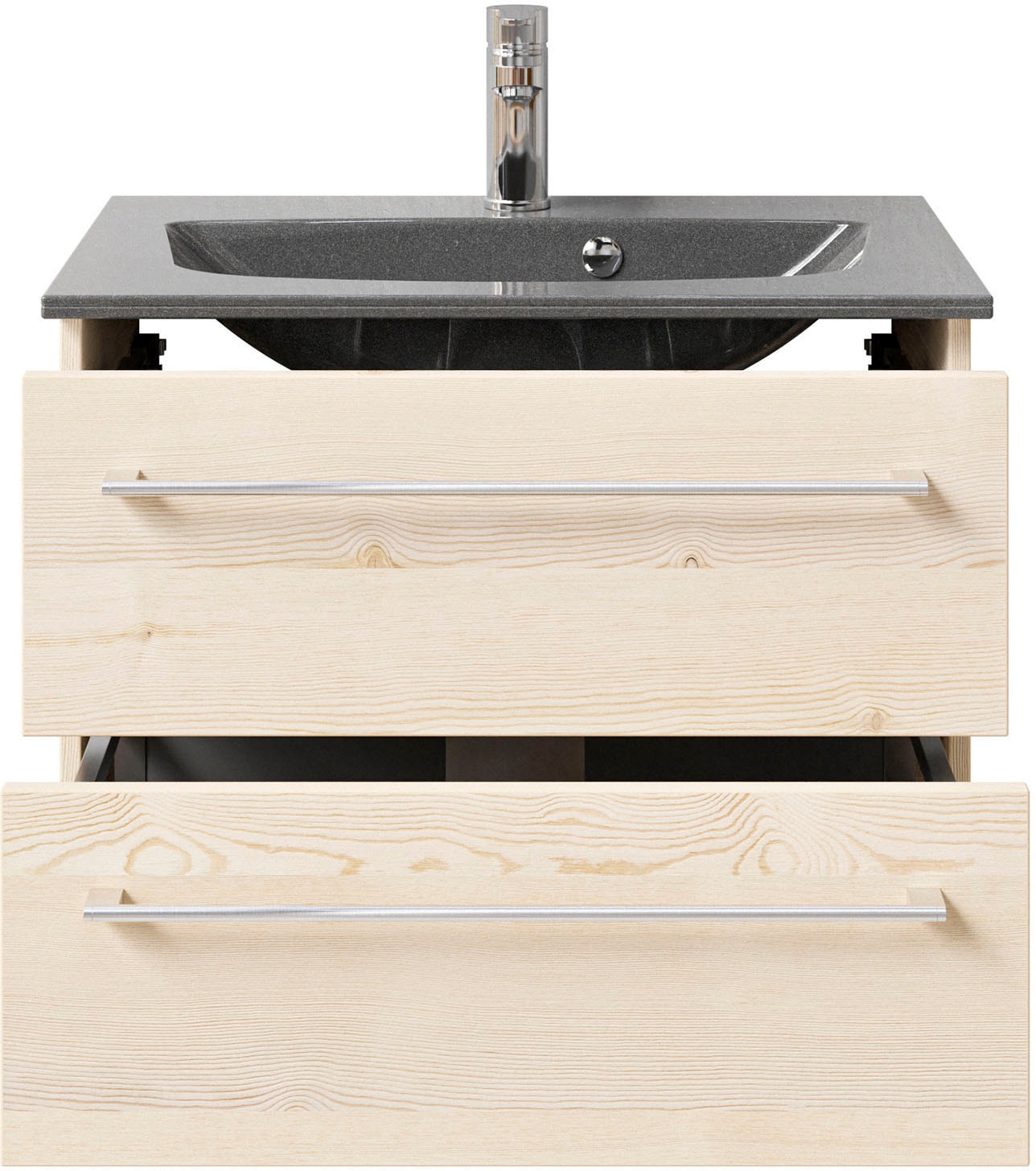 Saphir Badmöbel-Set »Serie 6025 2-teilig Mineralmarmor-Waschtisch mit LED-Spiegelschrank«, (2 St.), Waschplatz 67 cm breit, 2 Schubladen, 2 Spiegel-Türen, inkl Türdämpfer
