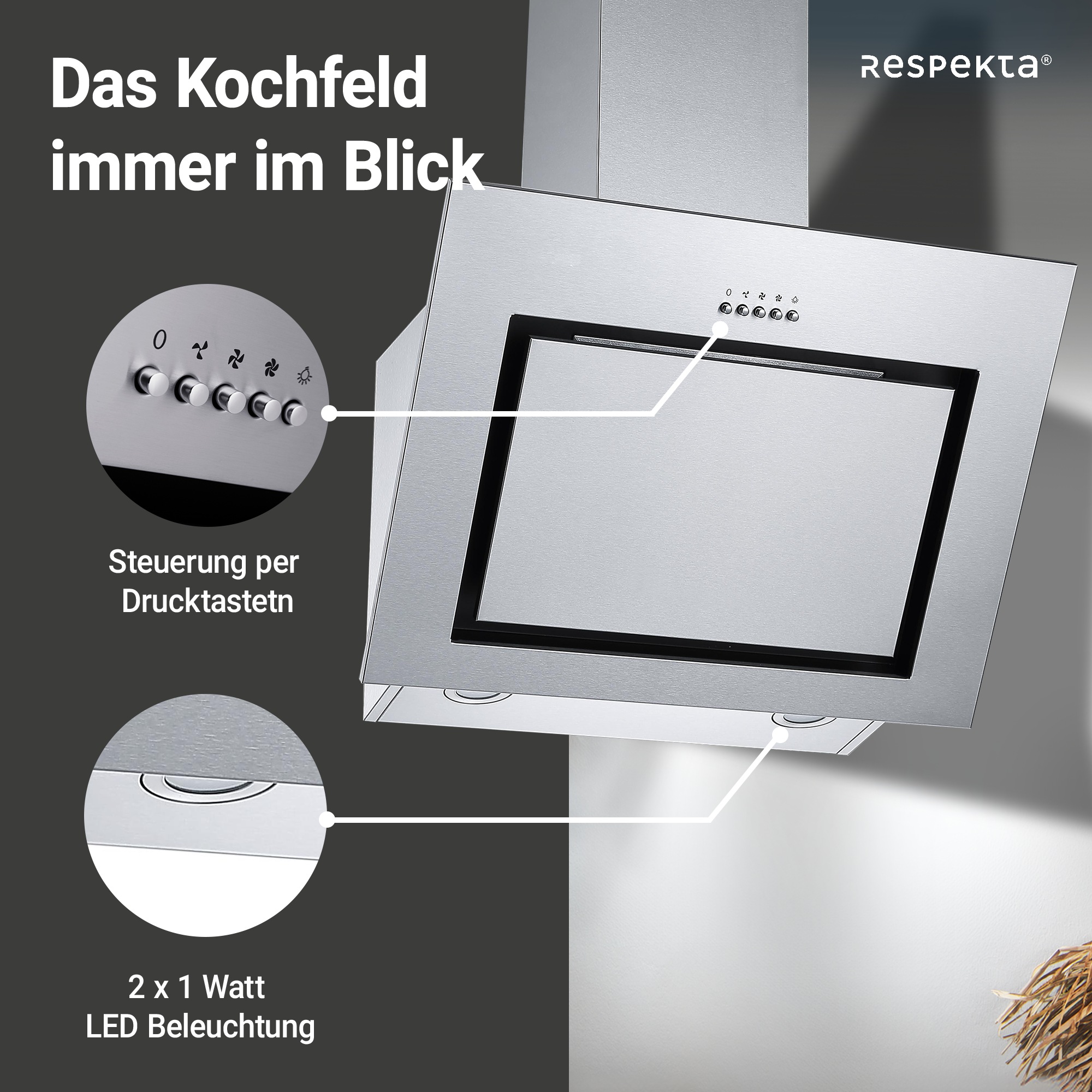 RESPEKTA Kopffreihaube »CH 22020 IXB«, Serie Numa, 60 cm, 3 Leistungsstufen, LED-Beleuchtung, Ab- und Umluftfähig