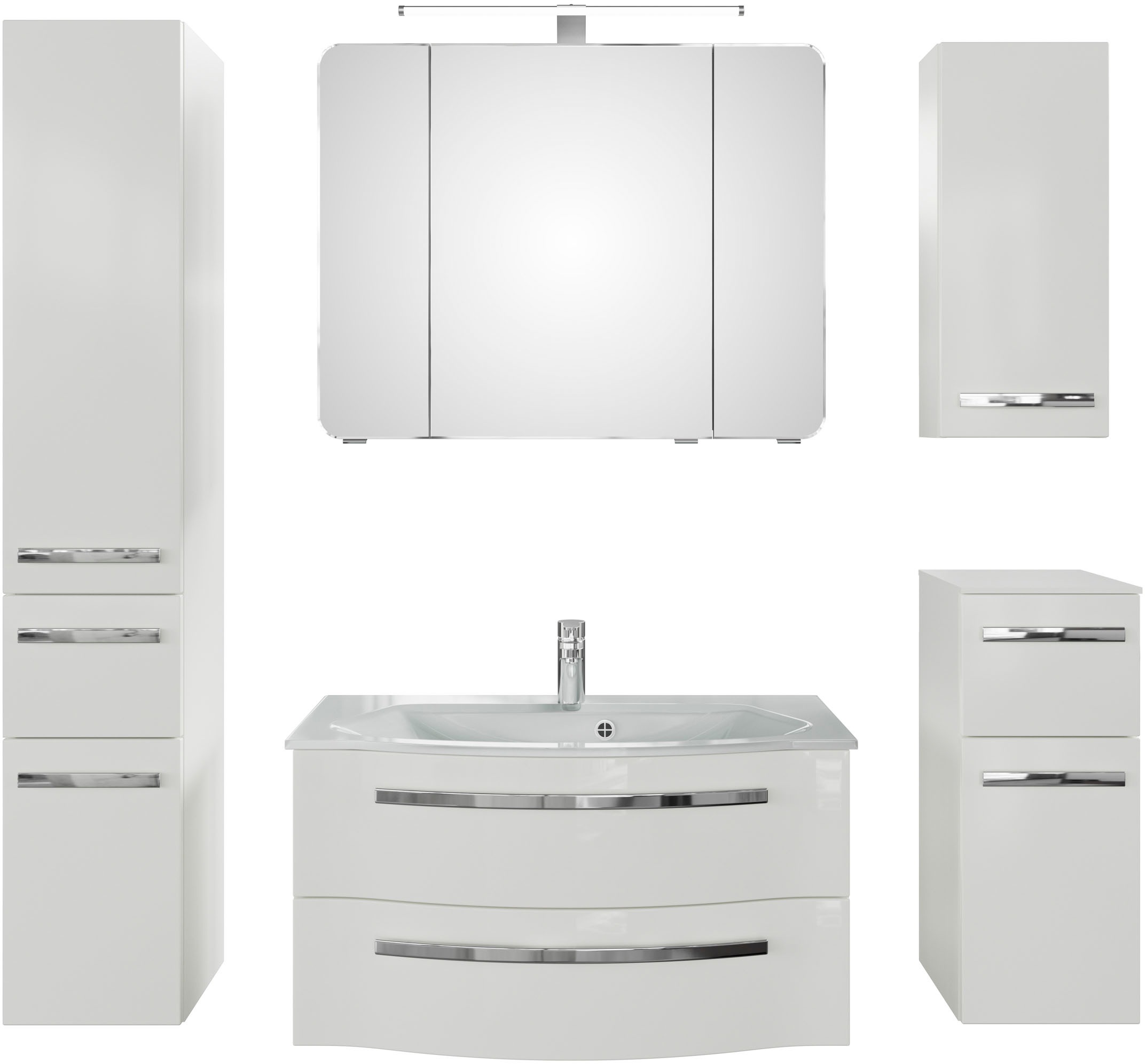 Saphir Badmöbel-Set »Serie 4005, vormontiert, Glaswaschbecken, Spiegelschrank«, (Set, 6 St.), Badezimmer-Set mit Unterschrank, Hängeschrank, Hochschrank, Türdämpfer