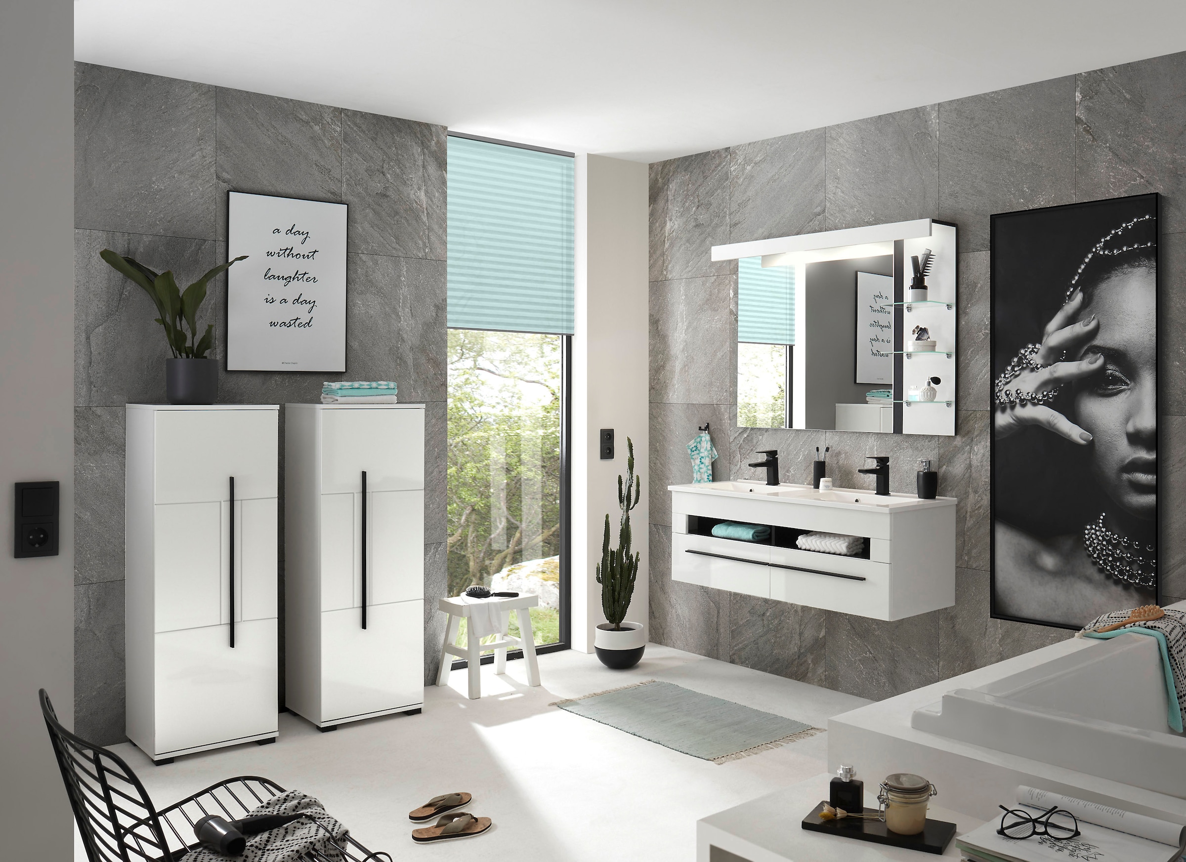 INOSIGN Midischrank »Cantara, Badschrank in Hochglanz Weiß, Schrank im modernen Design«, mit schwarzen Griffen, ausreichend Stauraum
