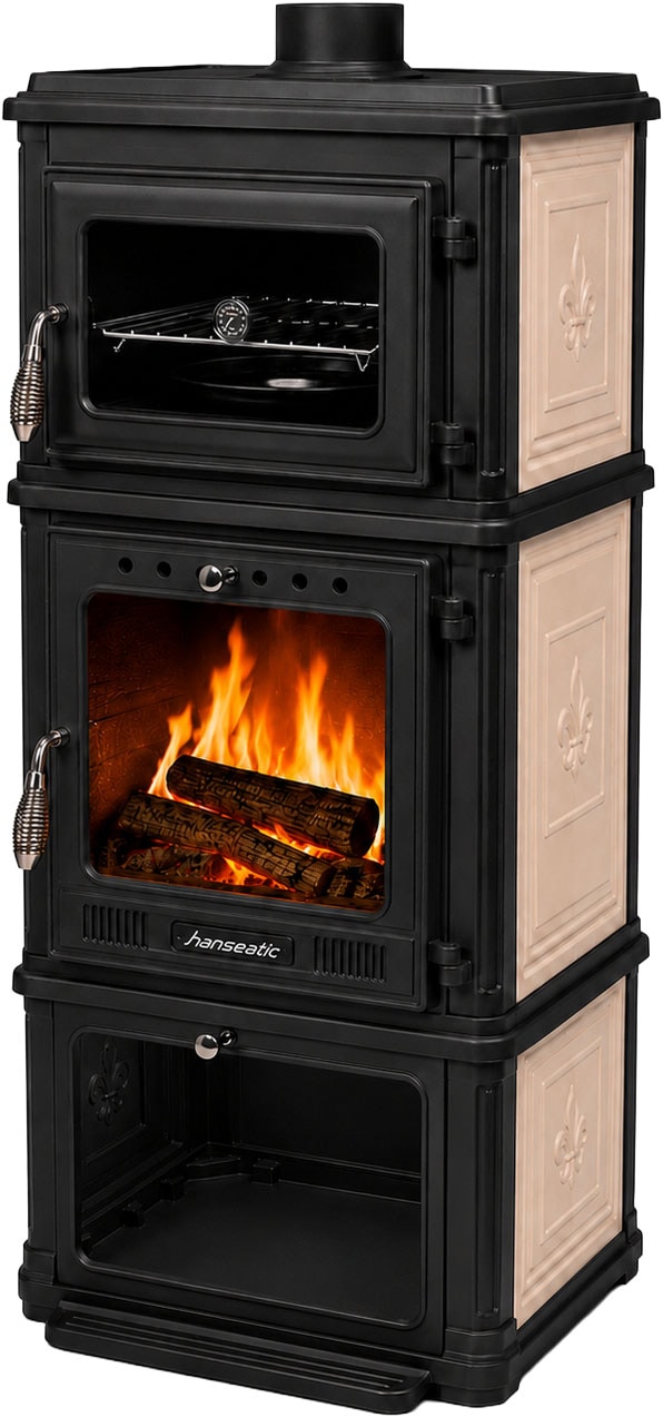 Hanseatic Kaminofen »Minerva, Gussofen mit Backofen und Beige emaillierten Seiten« Großer Feuerraum